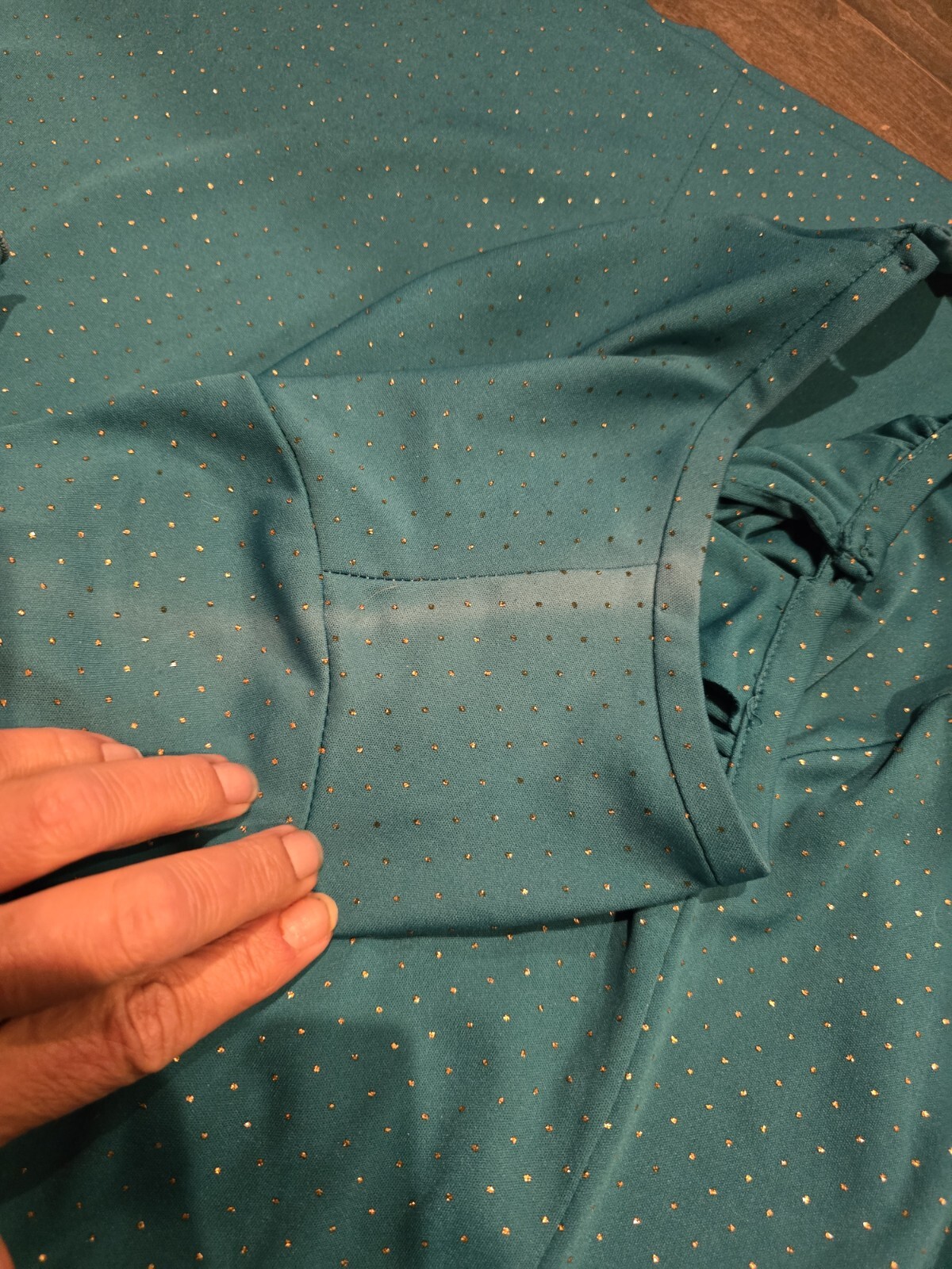Vintage 60s House Day Dress Teal Gold Dots Frilly sleeves Mod M/L