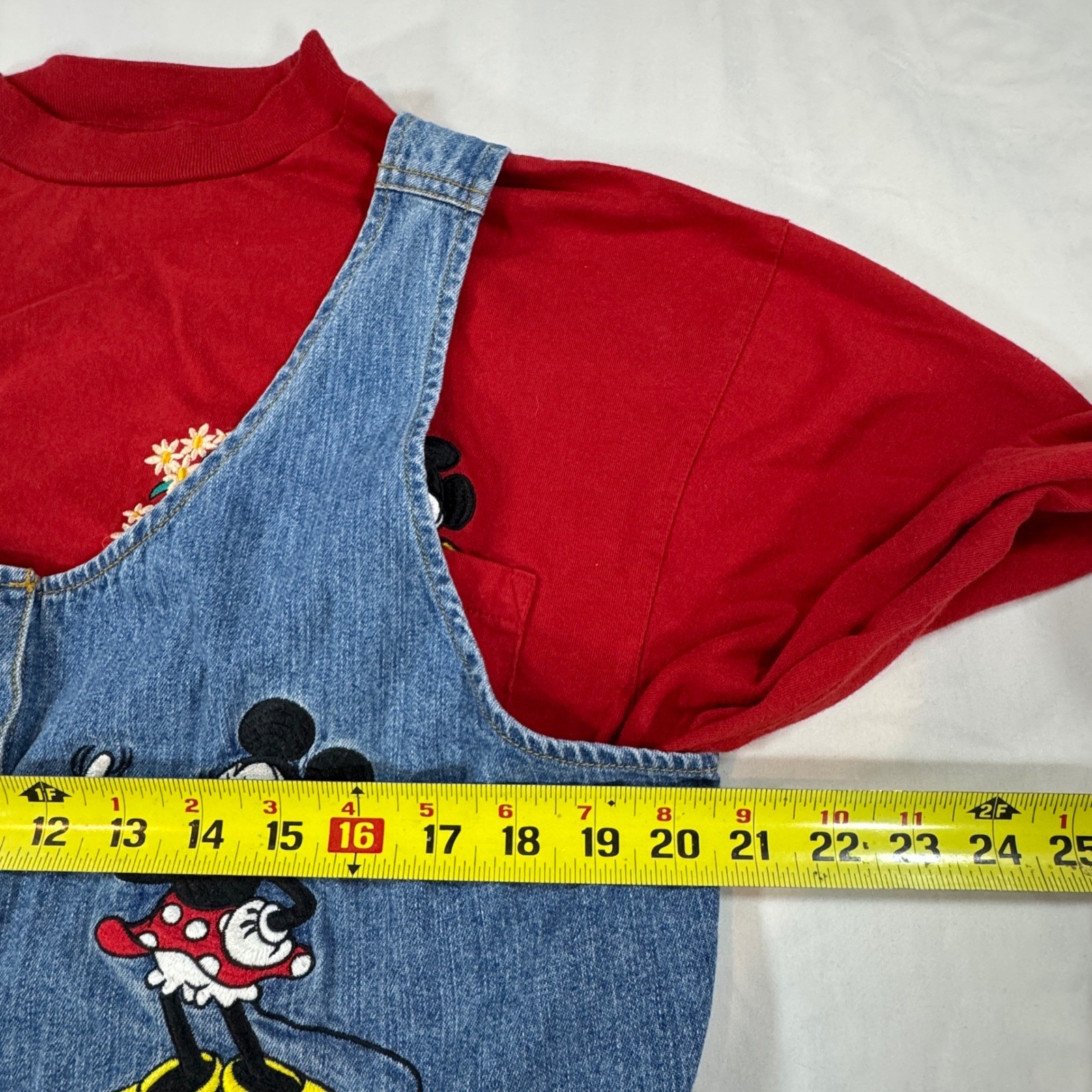 Vintage Disney Store Mickey Minnie Denim Jumper Dress Red Shirt Set L/XL Boho