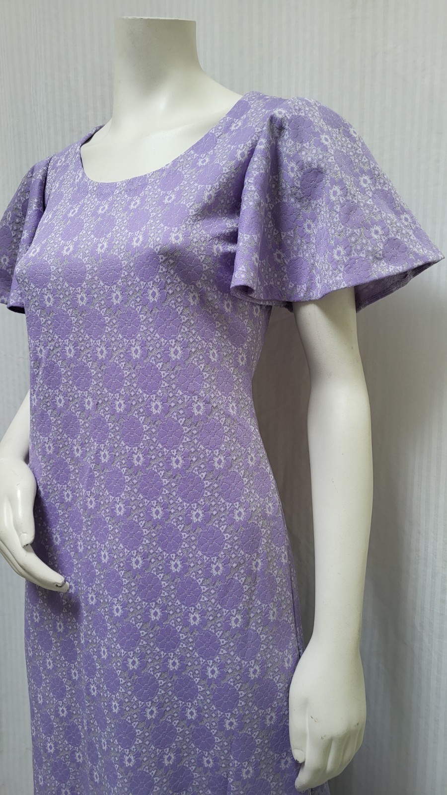 Vintage 1960s Purple & Silver Lurex Double Knit Maxi Dress – Size S/M – EUC