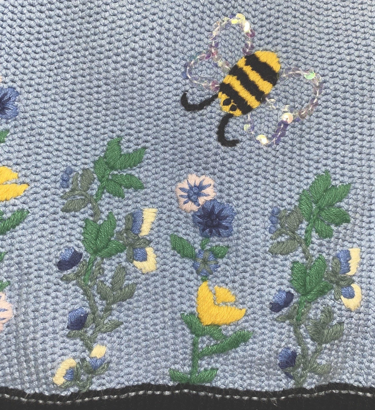 VTG Y2K Quacker Factory Light Blue Flowers Bees Cotton CottageCore Cardigan Sz M