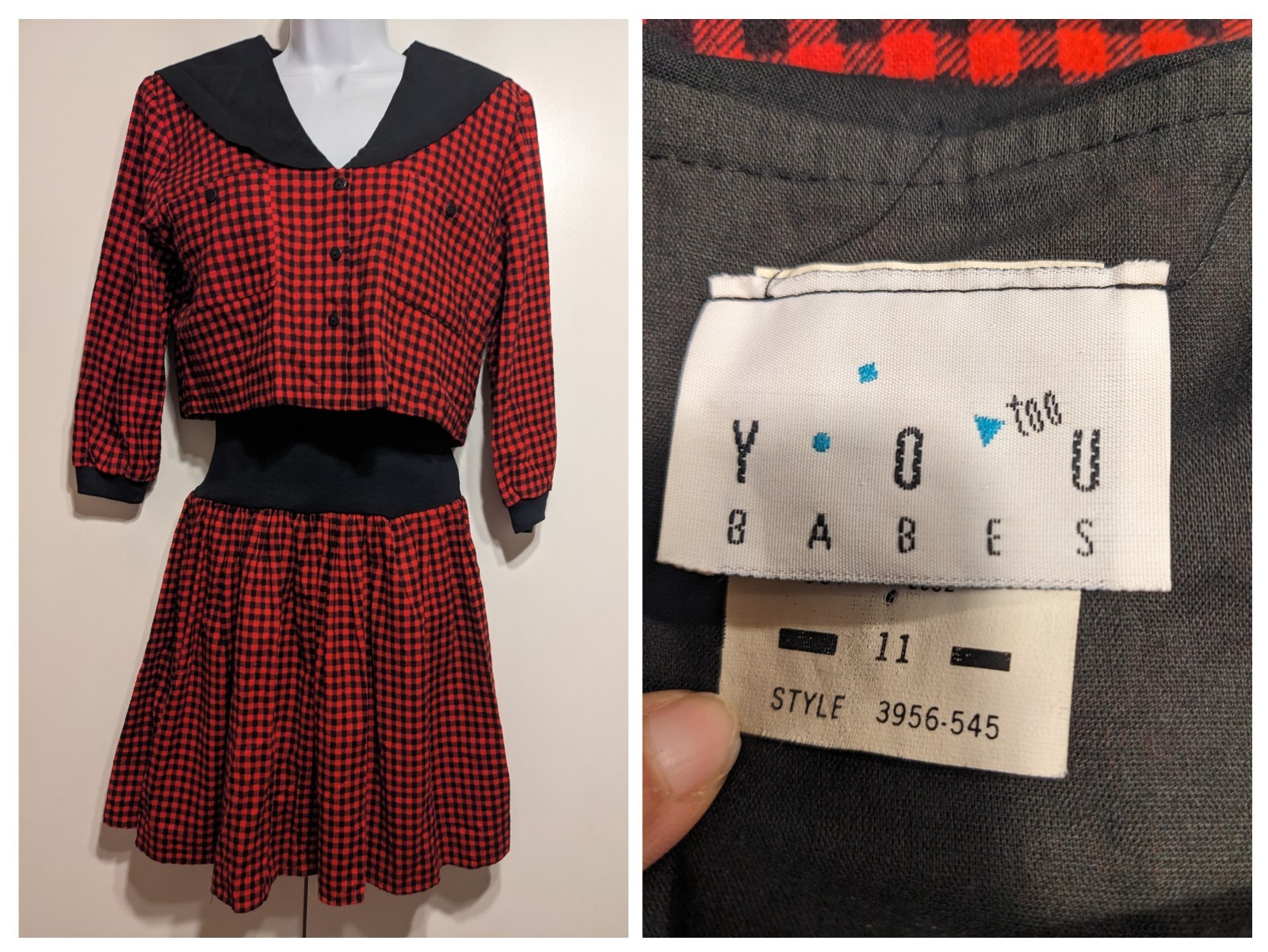 Vintage 80s red black plaid jumper dress drop waist You too Babes USA shirt 90s