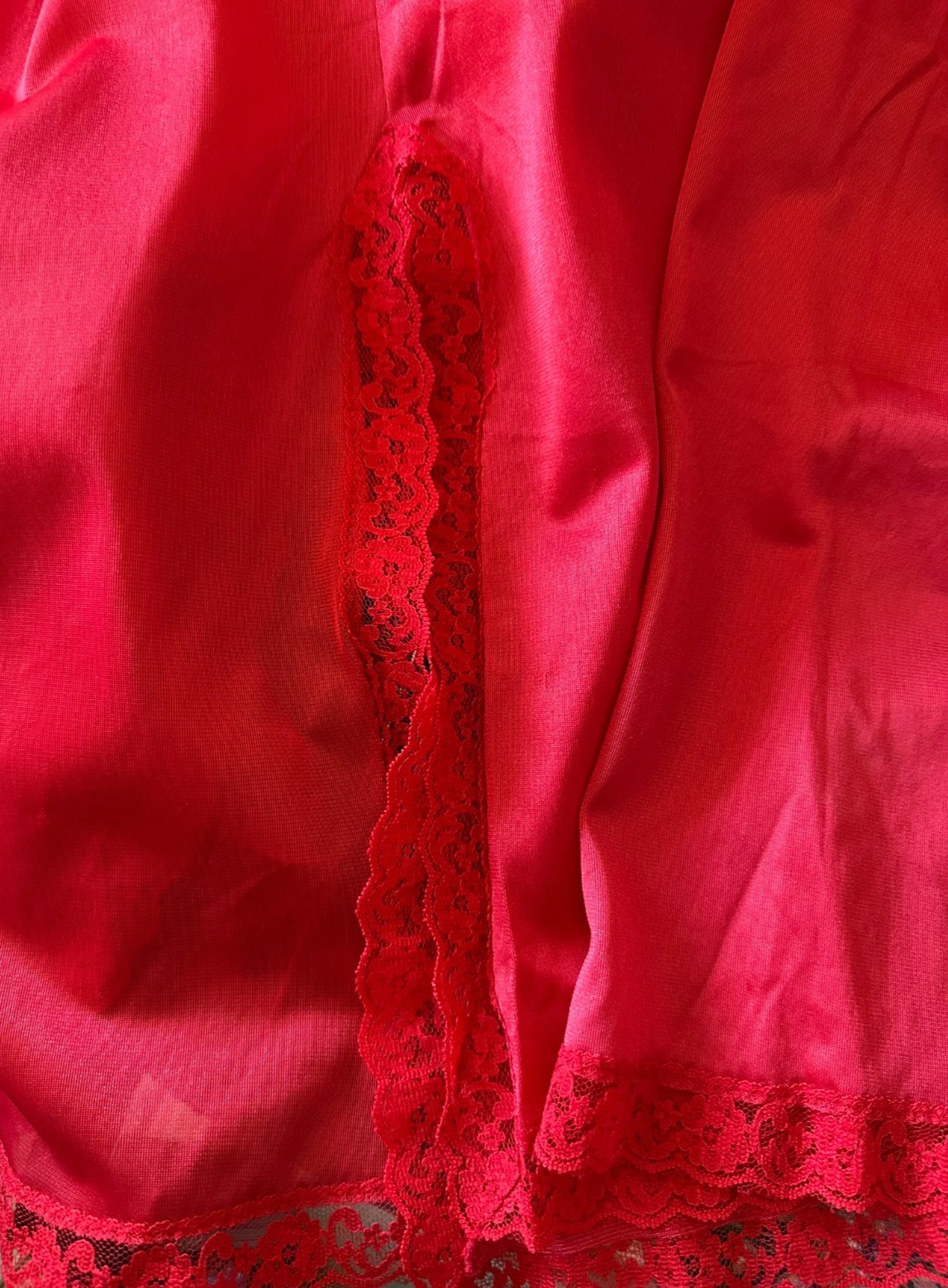 Vintage Red Nylon Slip Size Large Double Slit Lace 25″ Long
