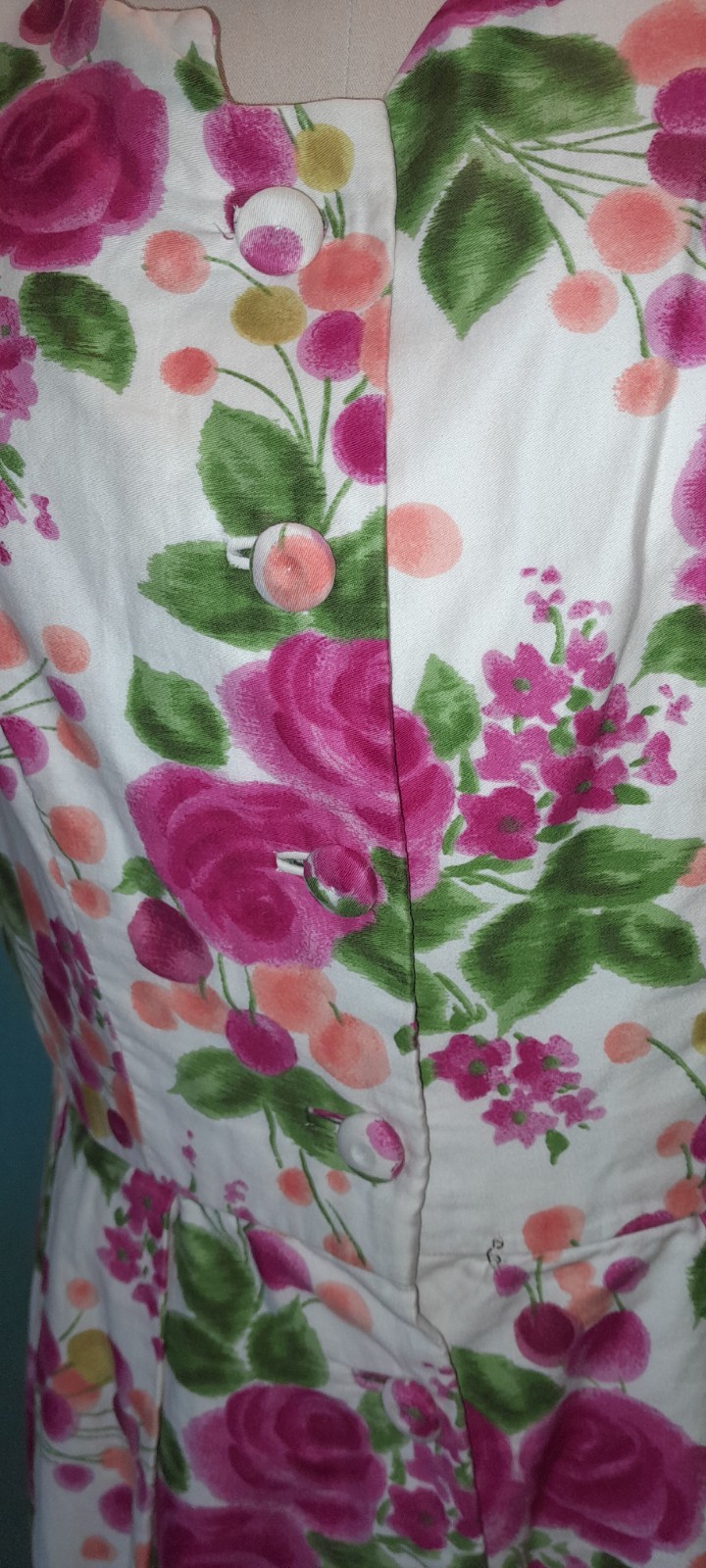 Vtg 50s Cotton Floral ROSE Button Rockabilly Casual Day Pin Up Marilyn Dress M L
