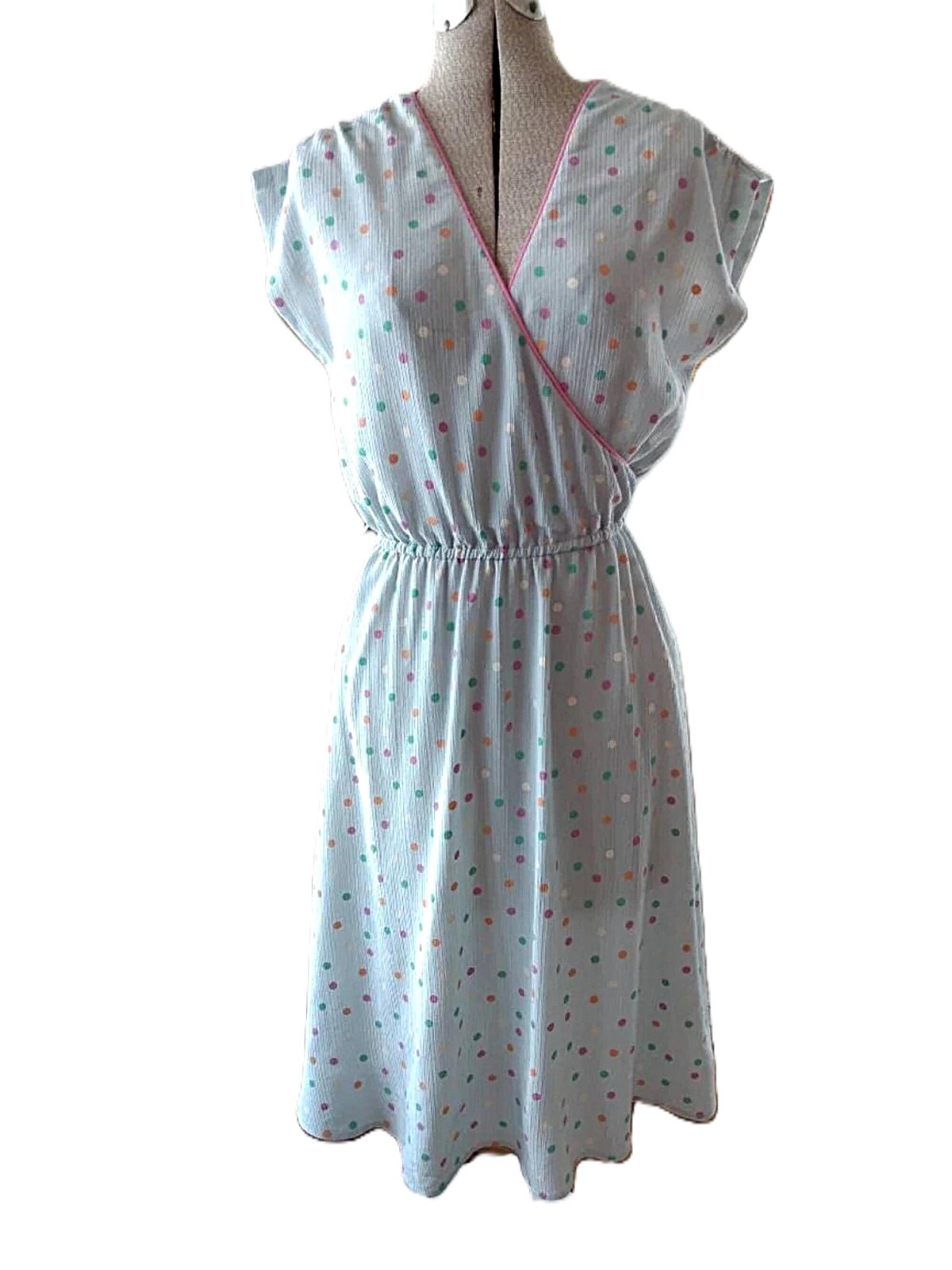 Vintage 80s Polka Dot Dress Gray Pink Green Orange White Crossover Bust