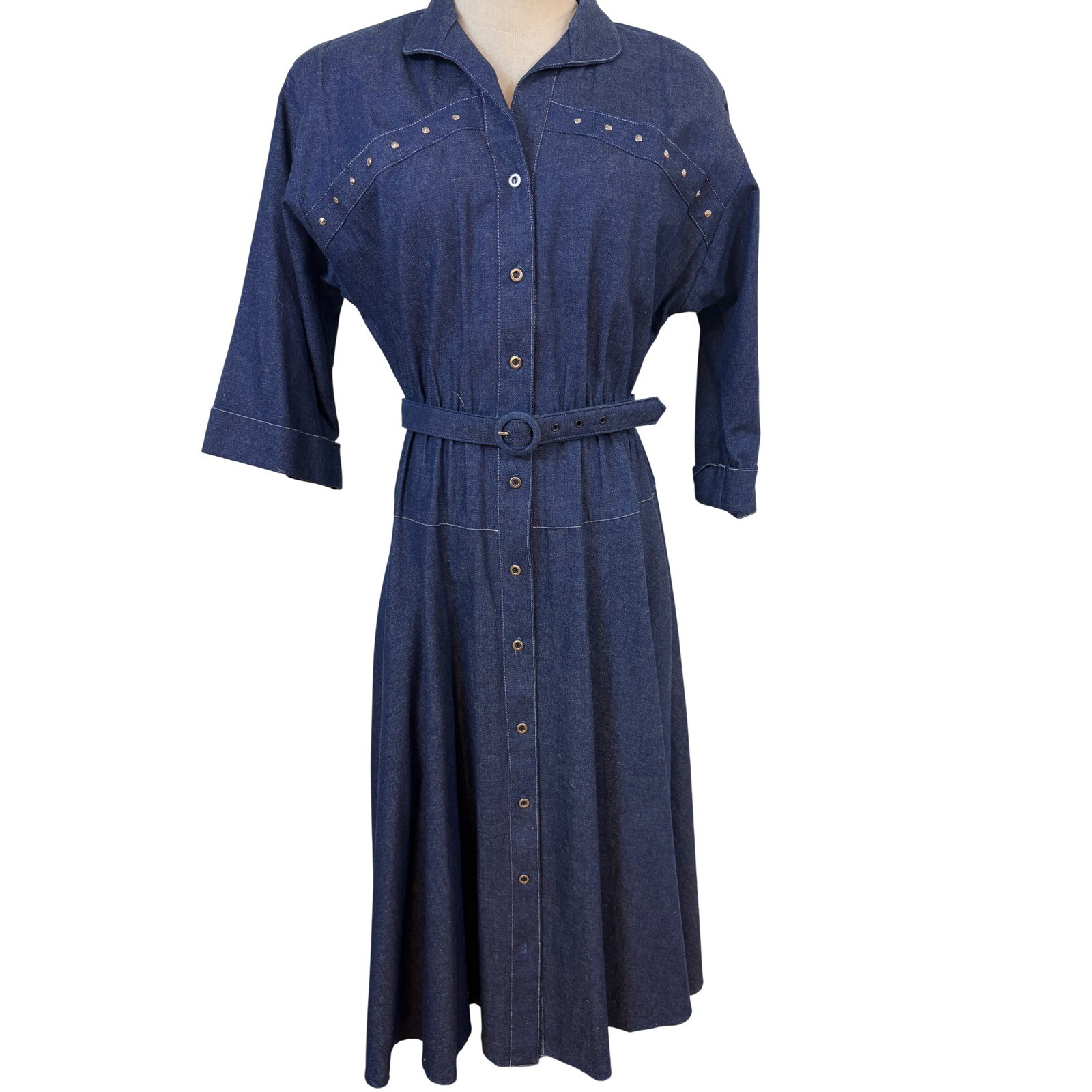 vtg 70s Willi of California Denim Dress sz 10 Blue Studded Midi western cowgirl