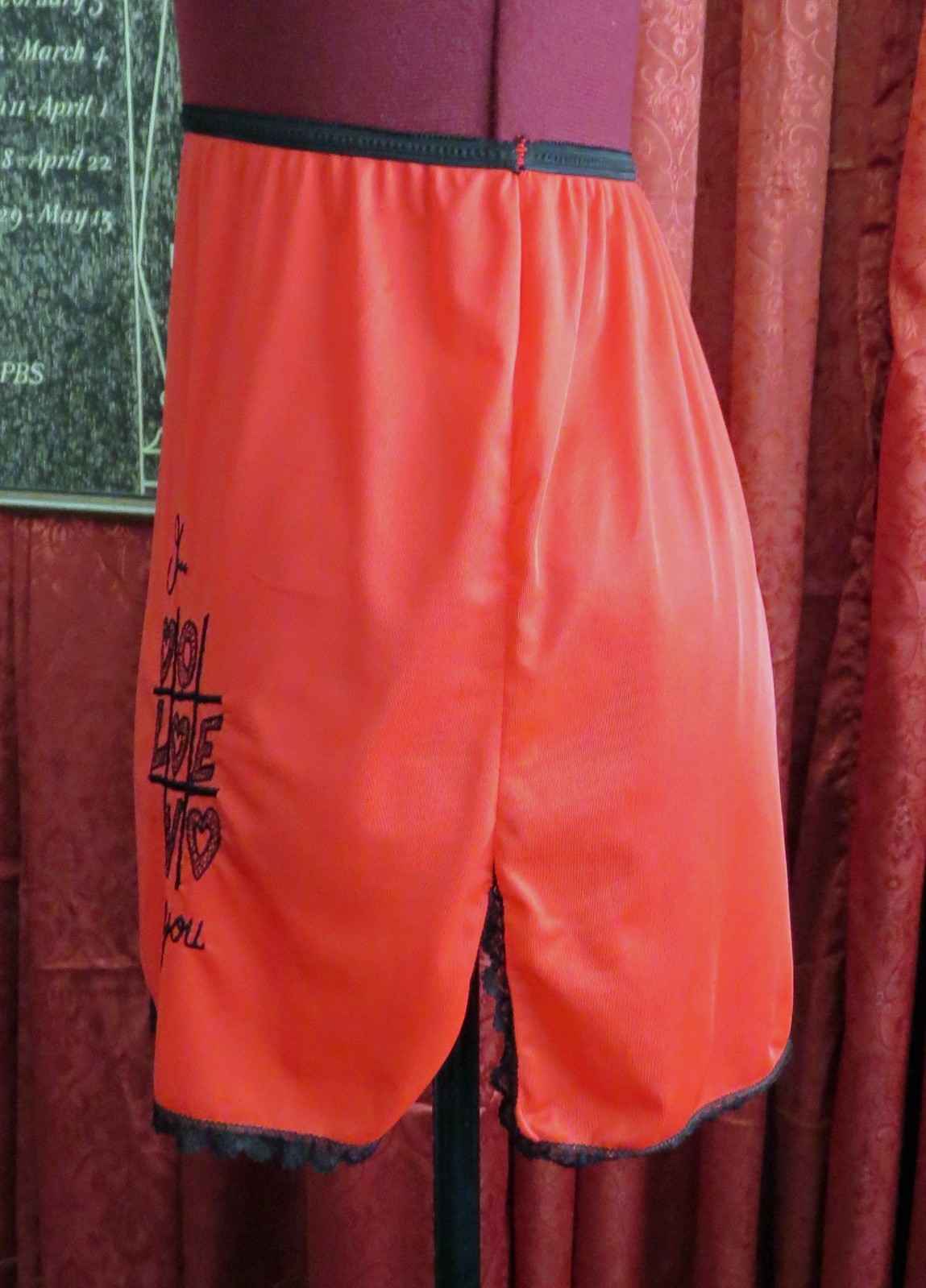 1960s Red Nylon with Black Lace Embroidered Half Slip Mini Skirt “I Love You”