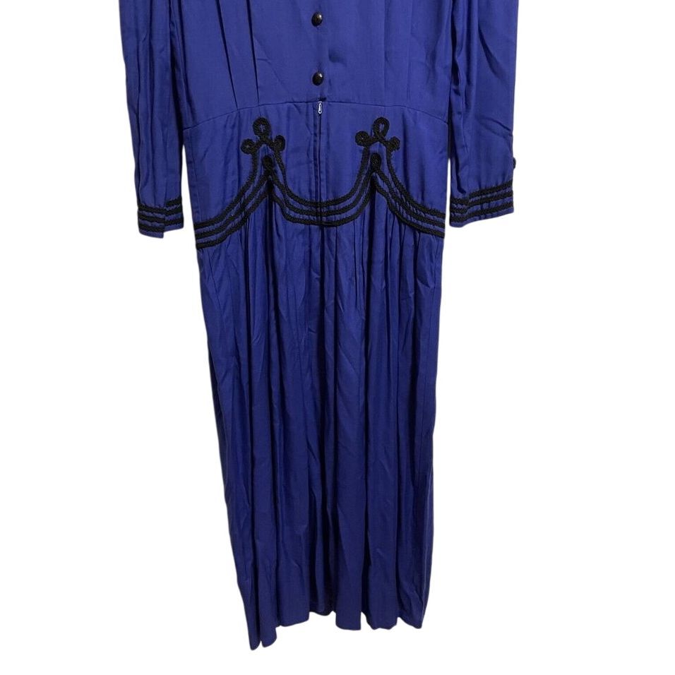 Vtg Sarah Elizabeth Sapphire Blue Long Dress Black Cord Detail Button Back Sz 12