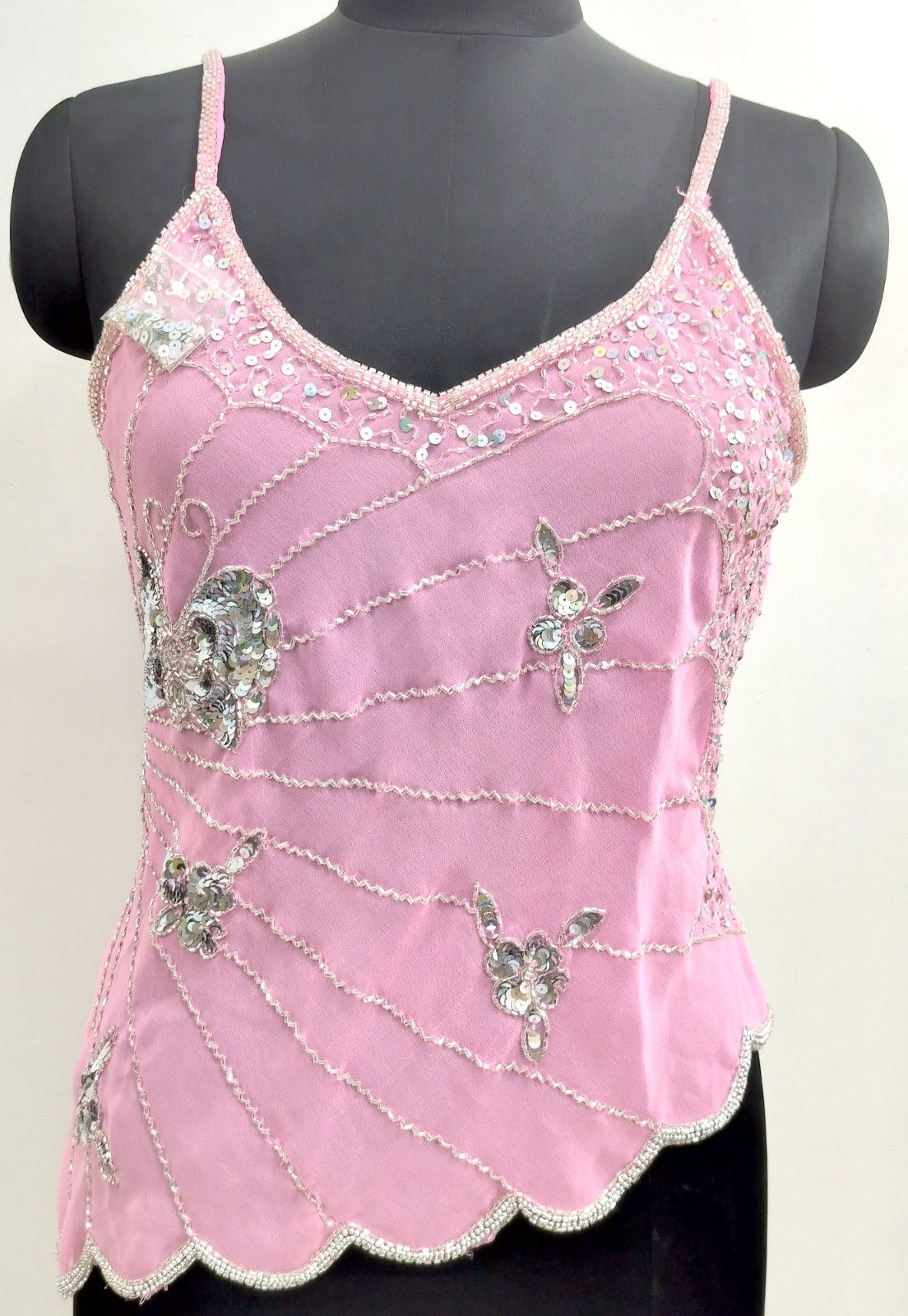 Vintage Y2K Embroidery Costume Sequin Top Blouse Sheer Baby Pink Silver Tunic