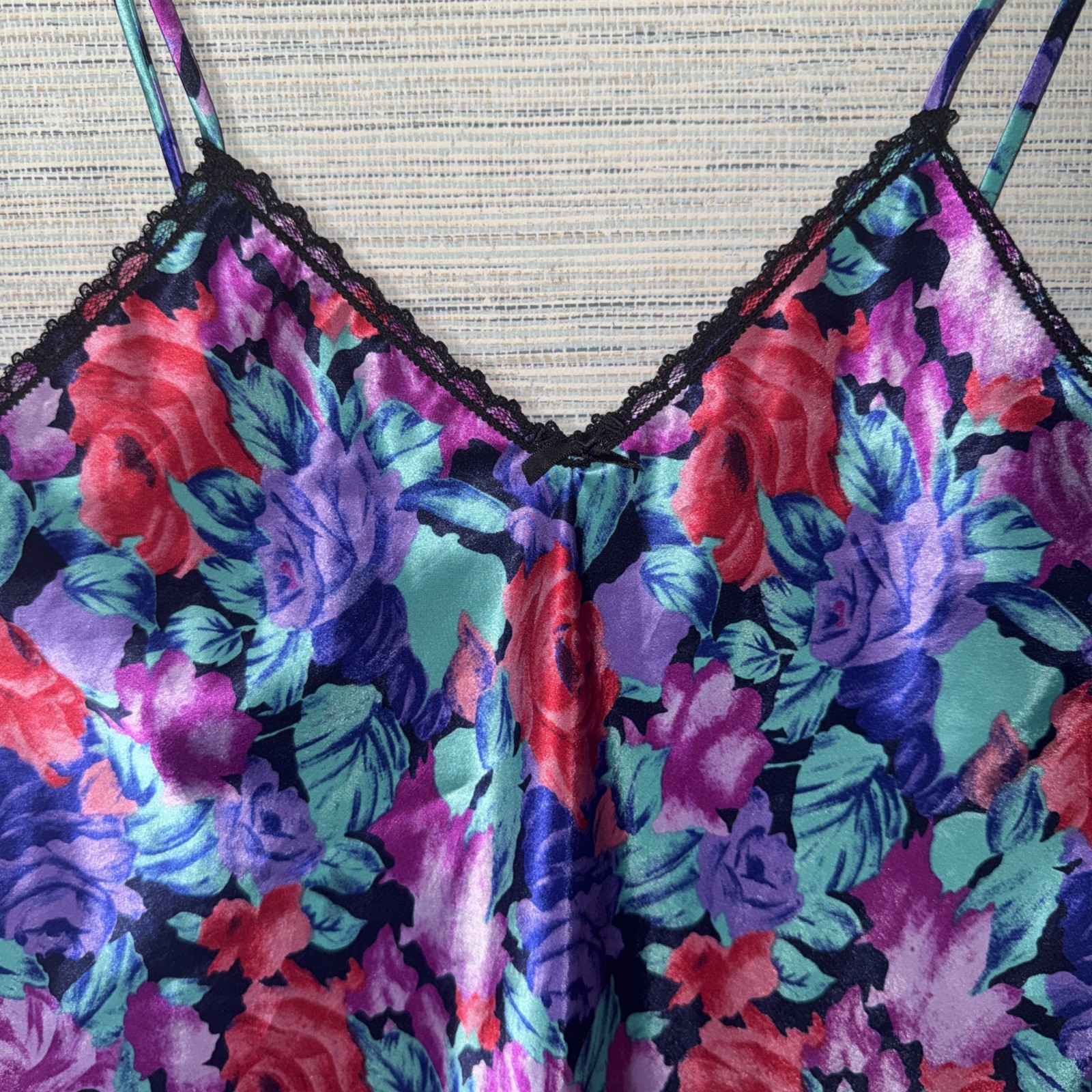 Vintage Floral Satin Slip Nightgown Vibrant Rose Floral Black Lace Trimmed