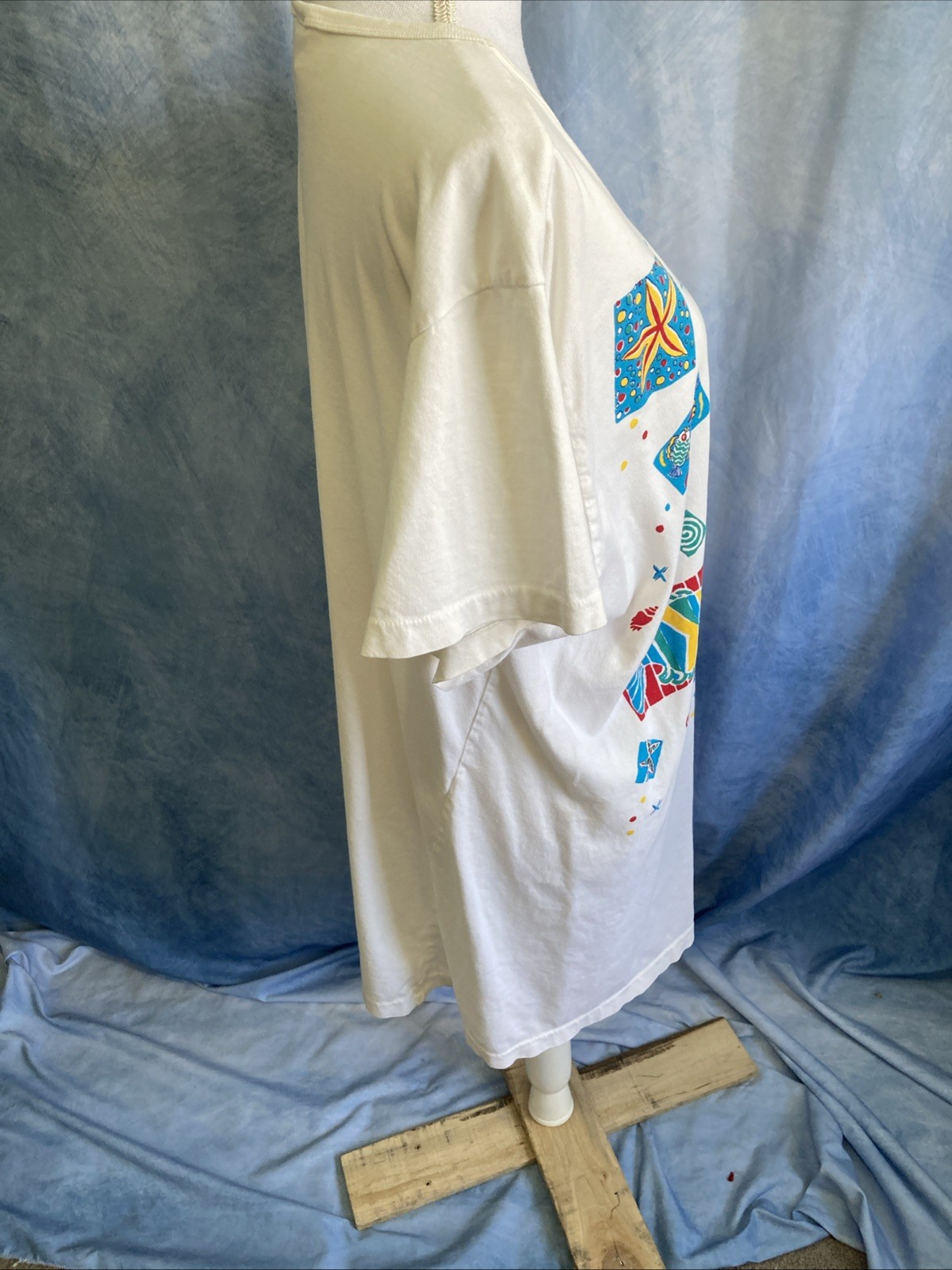 VTG 90s Oasis Tropical Fish Swirl Graphic T-Shirt Dress OS Women’s White Retro