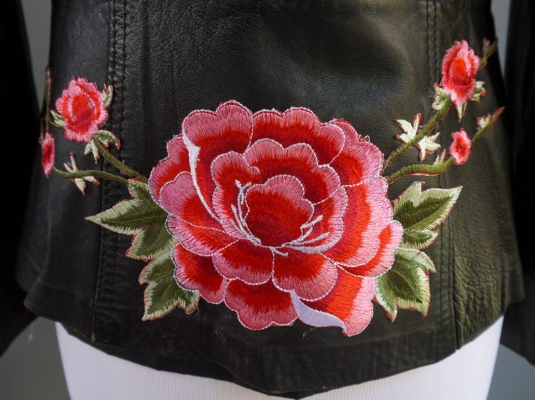 VTG Black Leather Jacket Mexican Day Of The Dead Applique Hand Painted S M