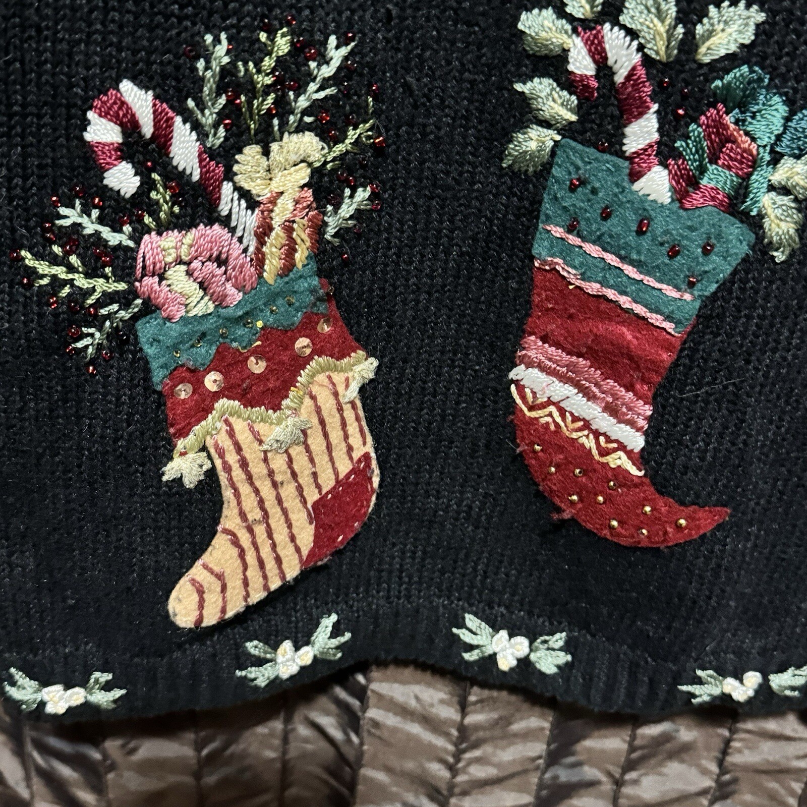Stitches In Time Cardigan Sweater Stockings Holiday Christmas Black Size 1X Vtg