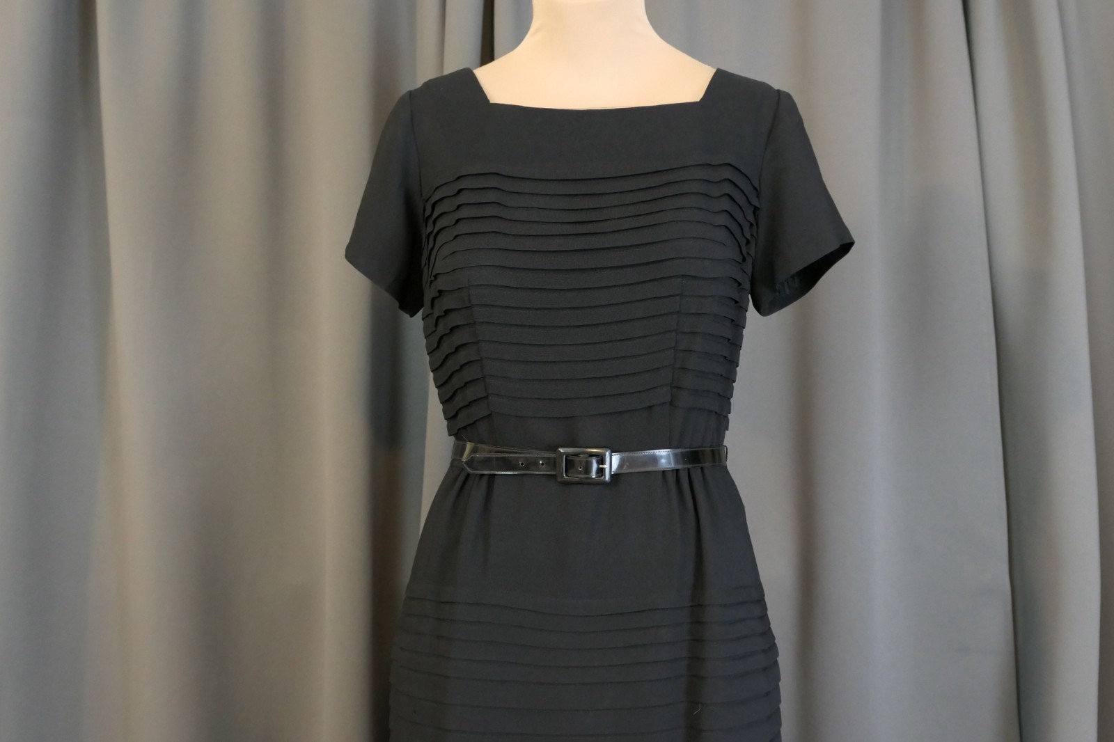 Vintage 1950s Black Pleated Dress, Hourglass Fitted, Gloria Swanson, 35 bust
