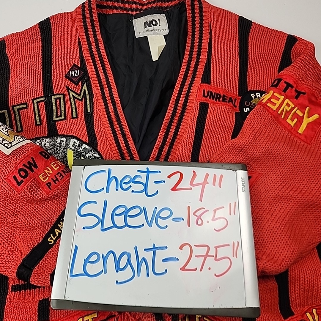 Vintage NO The JEANS REVOLT Red Embroidered funky Patched 80’s Cardigan LRG?