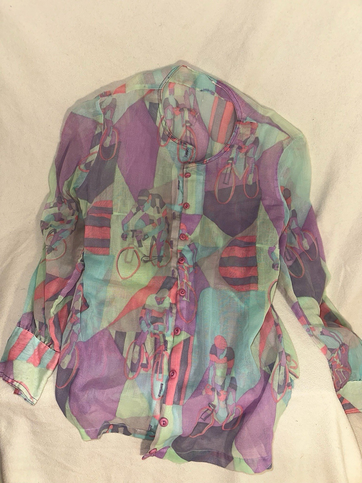 Vintage Women’s Sheer Neru Collar Style Shirt With Colorful Bicycle Pattern 70’s