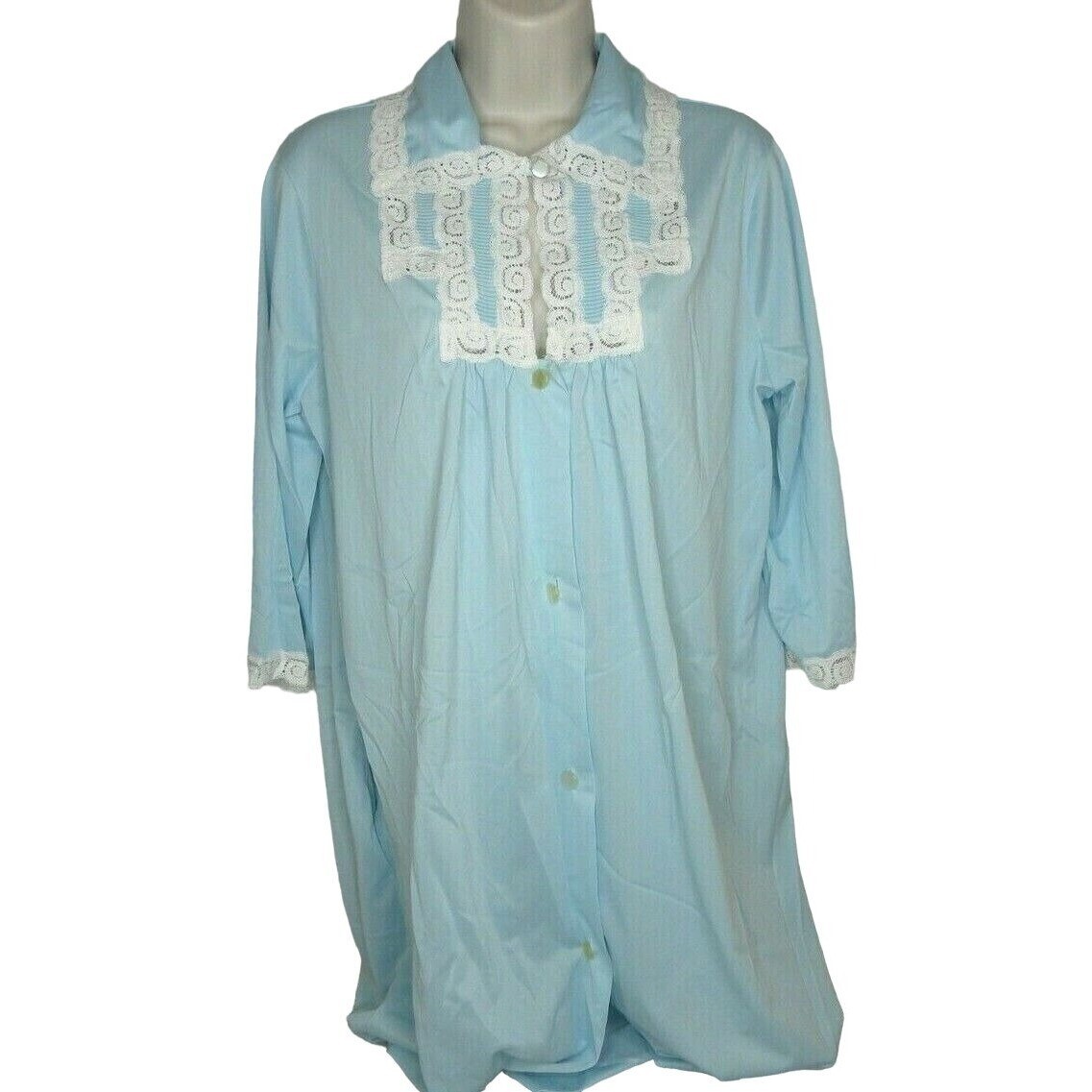 Vintage Komar Blue Nylon Robe Average Medium 3/4 Sleeve Lace Trim Button Front