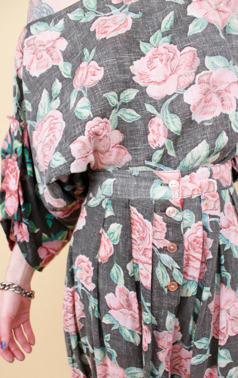 80s Vtg Gauzy Cotton Rose Print Black Pink Floral Drop Crotch Pant Set W27-30″