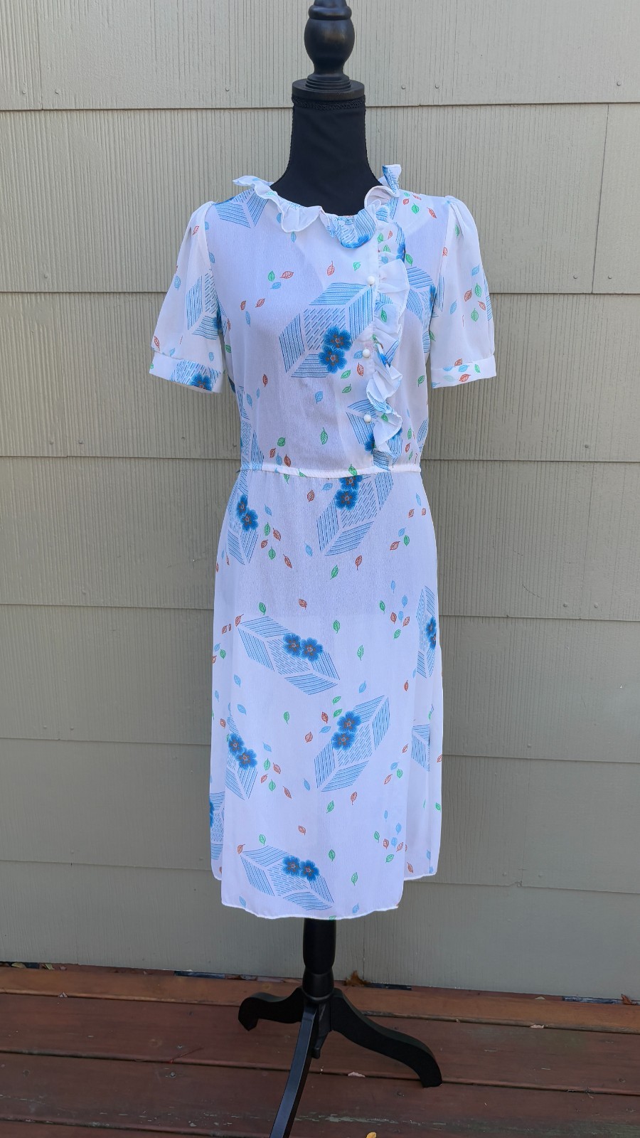 vtg 70s Does 40s Whimsical Floral Leaf Sheer Ruffle Collar Blouson A-Line Dress
