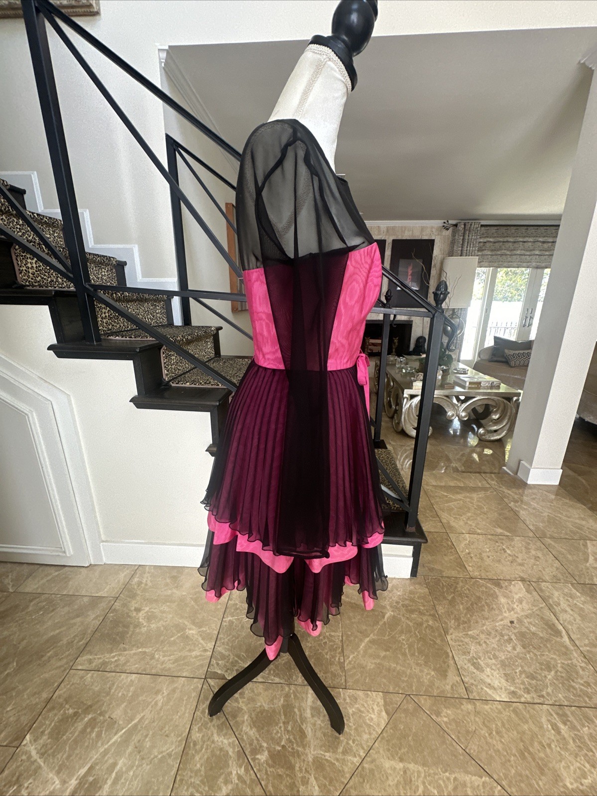 Guy Laroche 80s Pink Moire & Black Chiffon Corseted Tiered Pleated Dress 40