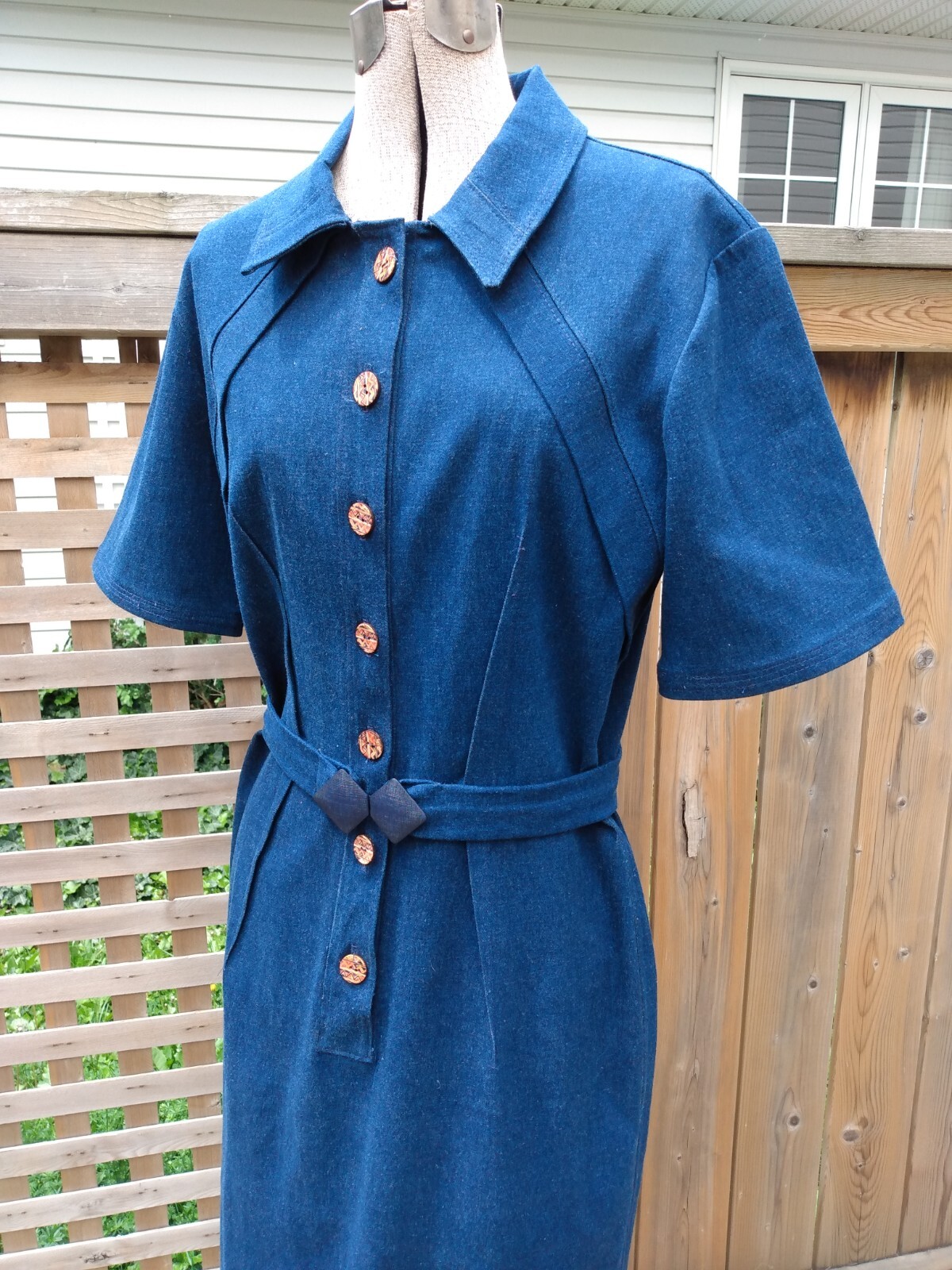 Vintage Denim Jean Dress Handmade Fitted Shirtdress 38″B 31″W 90s Retro