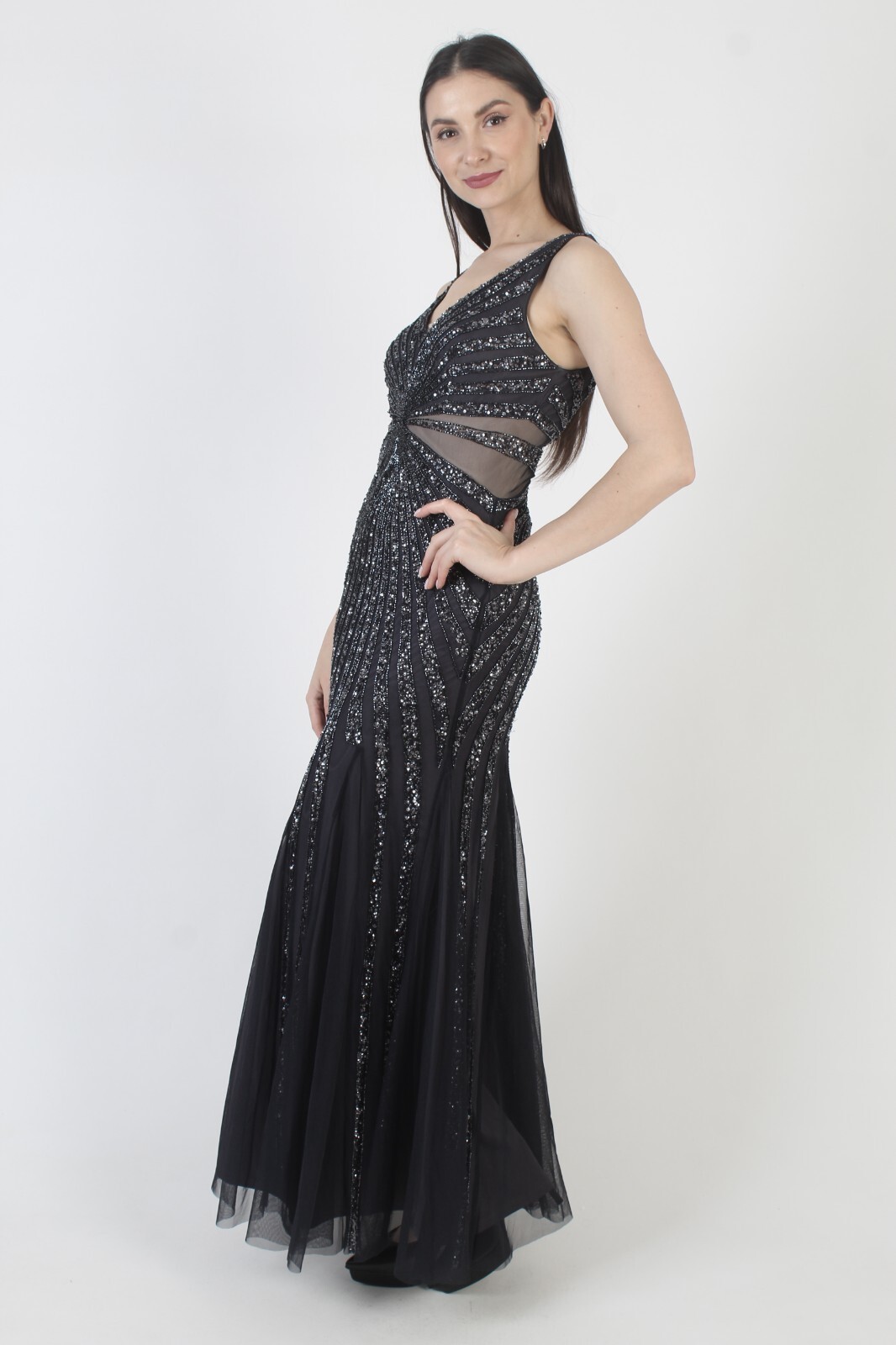 Adrianna Papell Beaded Dress Vtg Y2K Navy Prom Gown Long 2000s Evening Maxi Sz 2