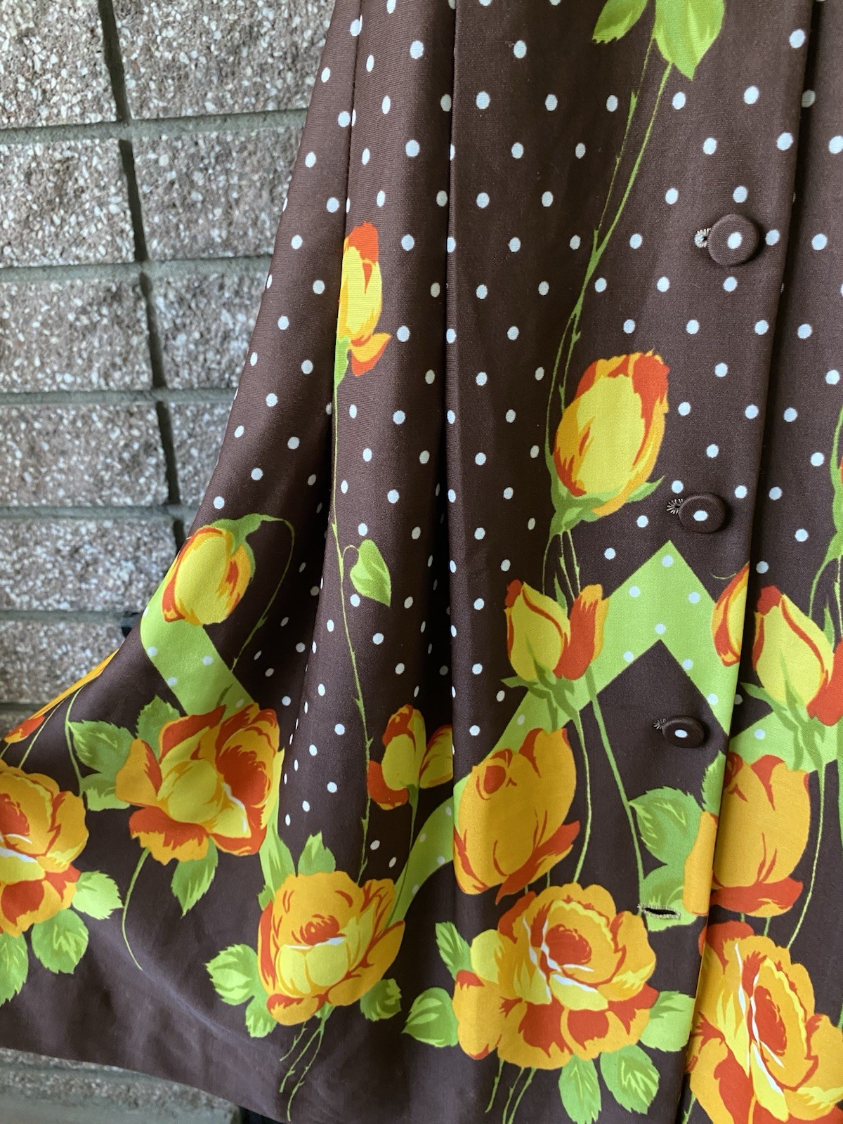 Vintage Brown 1970s Polyester Dress Polka Dots Yellow Tulips MOD 1960s Med Large