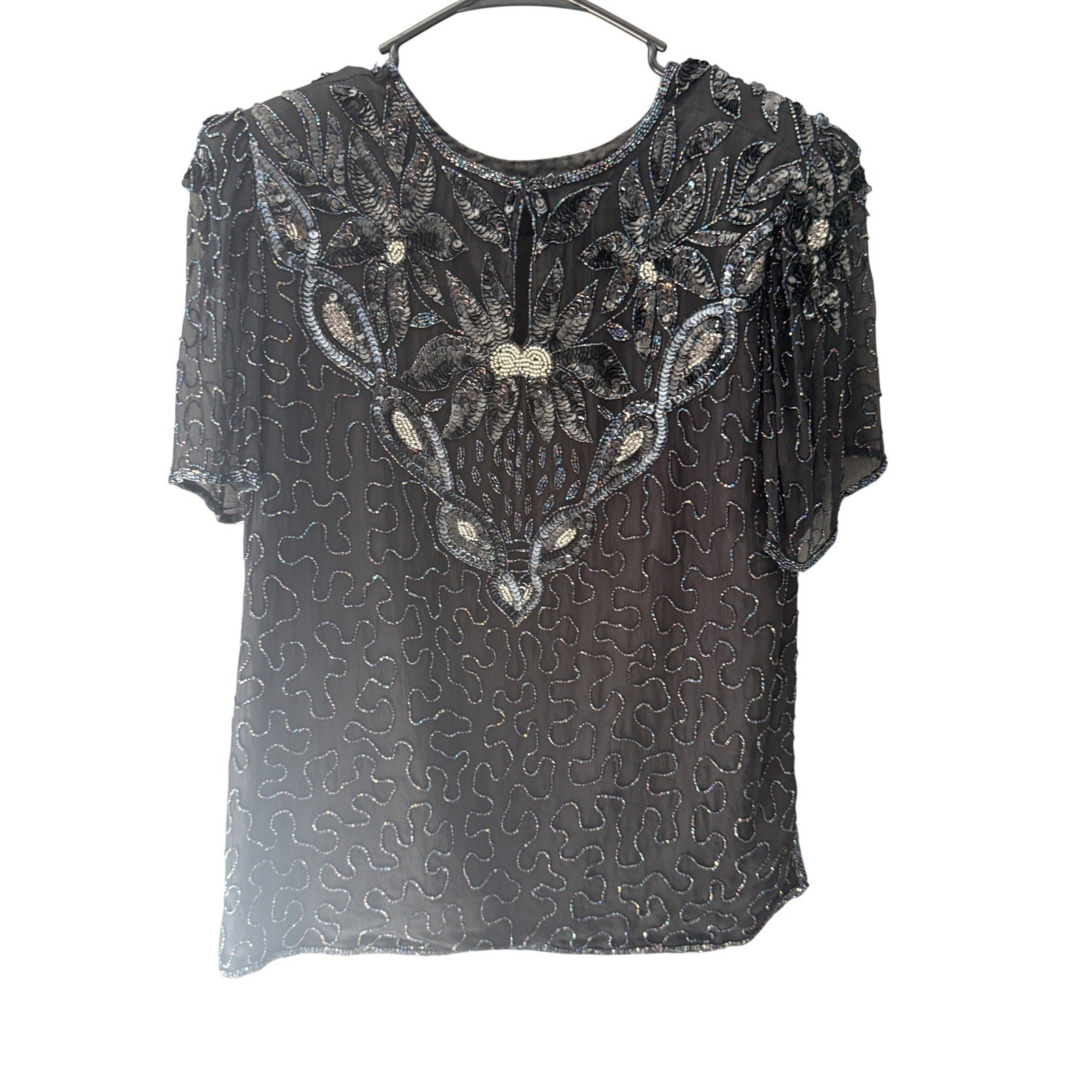 Sweelo Vintage Black Silk Beaded Sequin Floral Evening Top Short Sleeve Medium