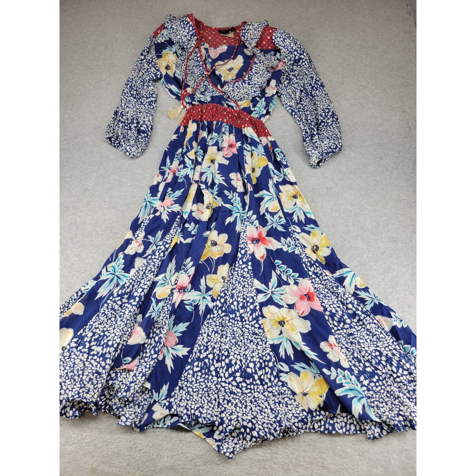 Diane Freis Vintage 80s Mixed Floral Georgette Boho Maxi Dress Blue Red Smocked