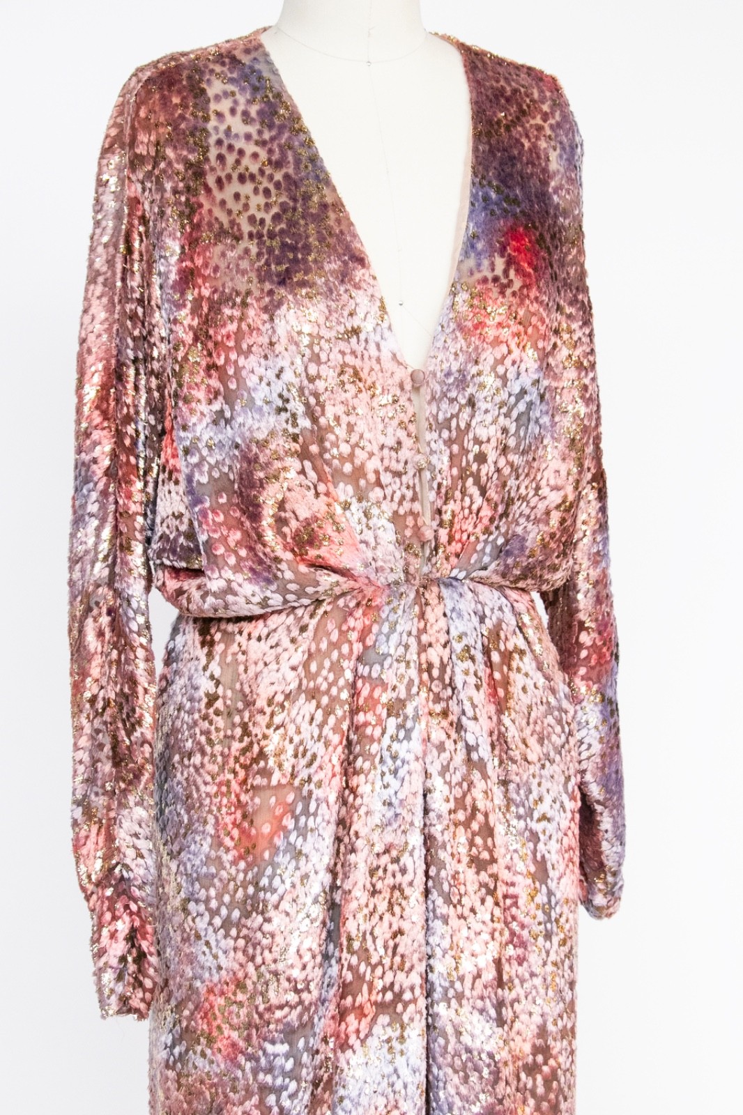 1970s Dress Silk Velvet Burnout Semi-Sheer Maxi Gown Jill Richards