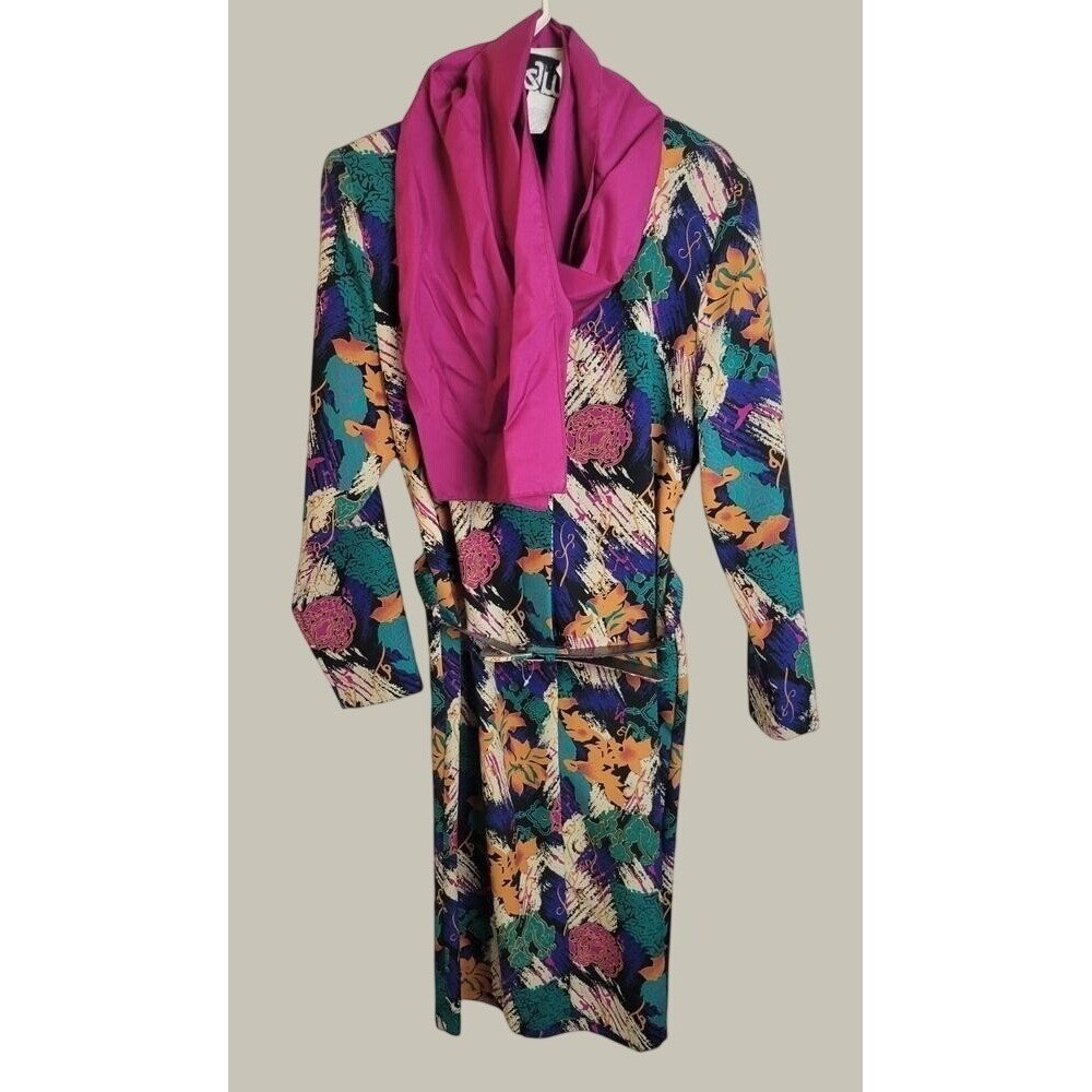 VTG NOS EJM 80s Abstract Floral Scarf Belted Dress Multicolor sz 6 Petite