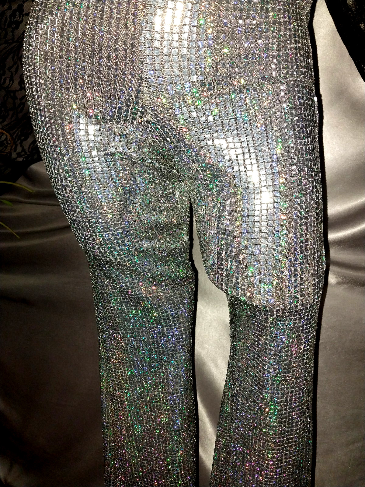 VTG SATIN SHINY CARNIVAL FLASHBULB HOLOGRAM SILVER DISCO SPANDEX FOIL PANTS