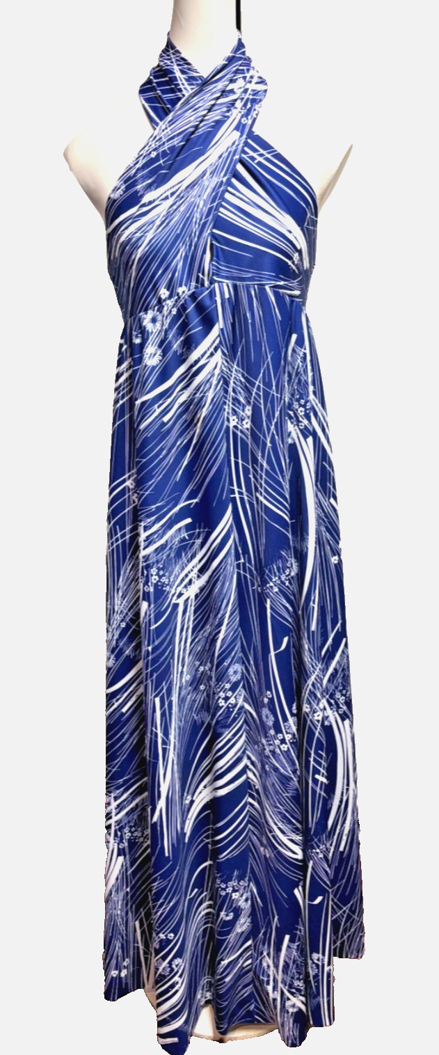 VTG 70’s Halter MAXI Dress Navy Blue White Abstract Floral Size S/M Tall EXC!