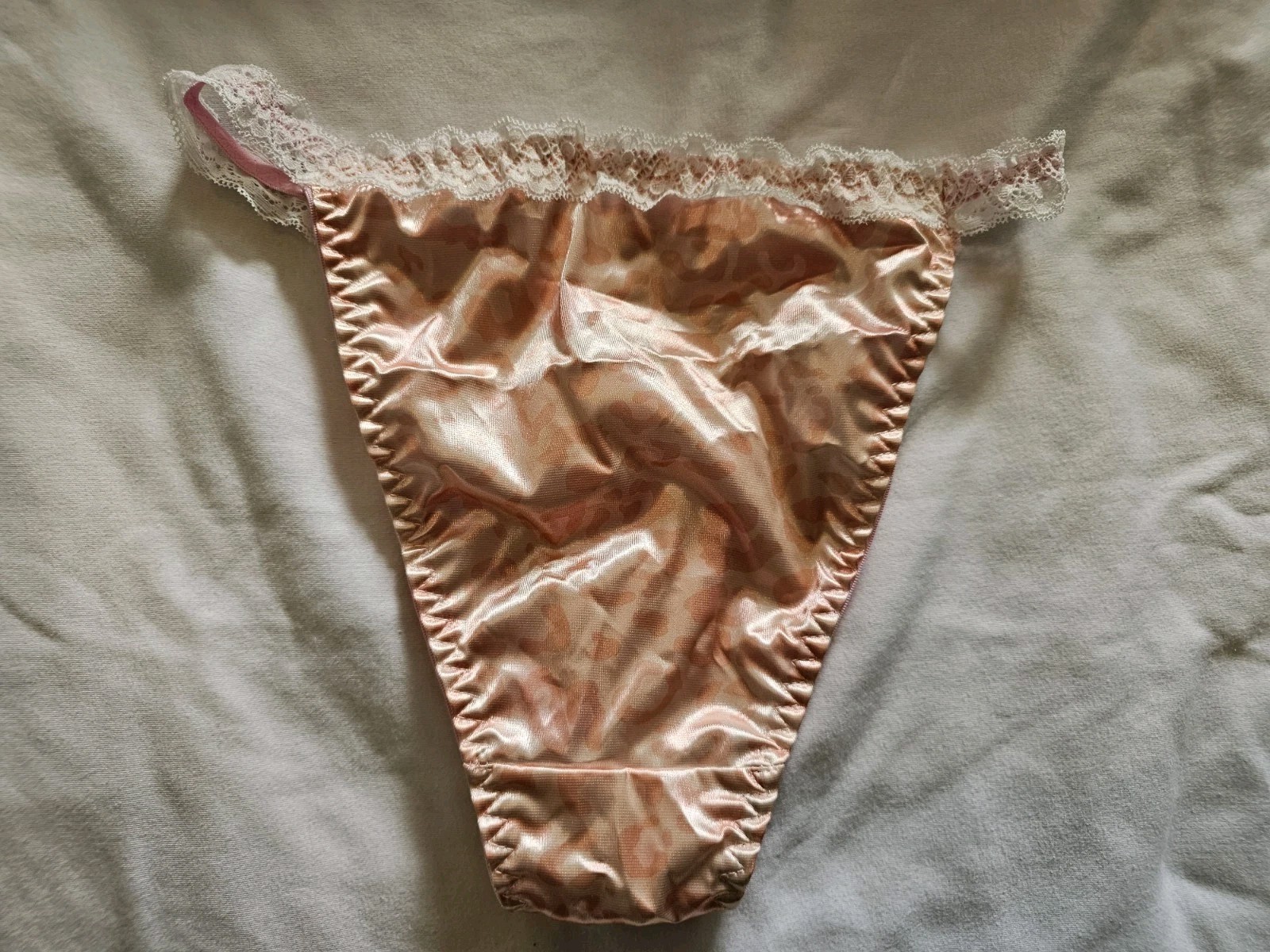 Vintage Girly Glossy Satin String Bikini Light Pink Panties. Size Large