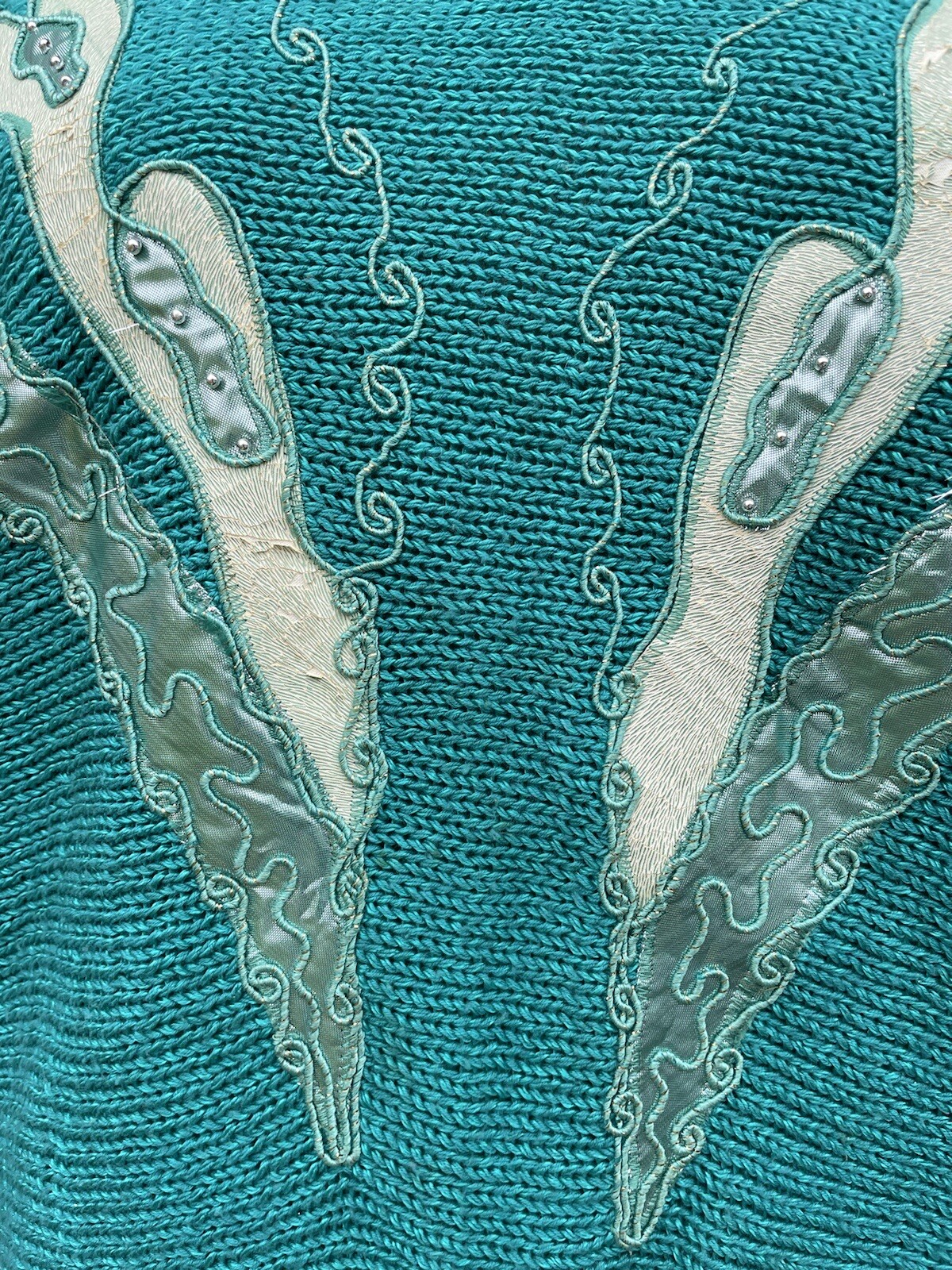 VTG 80s 90s Teal Metallic Embellished Gold Batwing Turtleneck Sweater Glam Retro