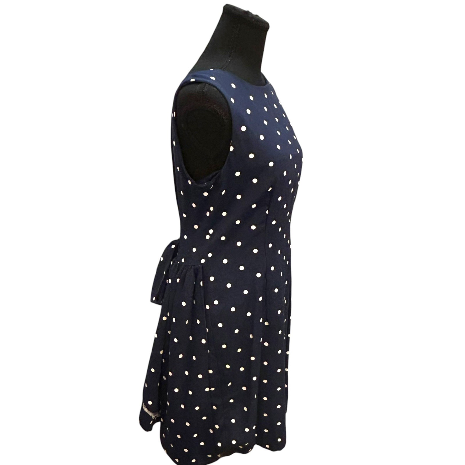 Vintage 1980s 1990s Polka Dot Dress Navy Blue Bow Lace Trussel Size XS or S