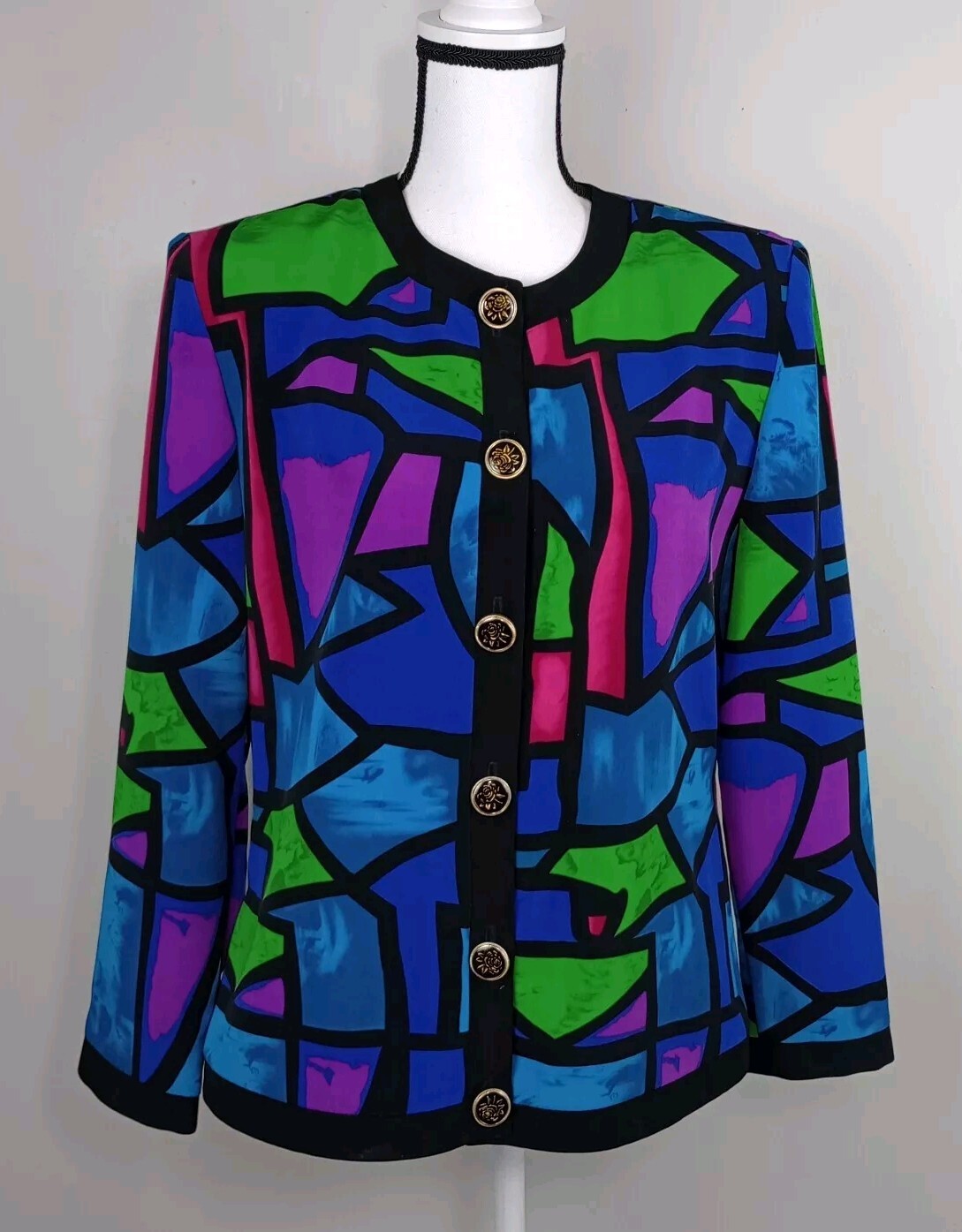 Vintage 80s 90s Caron Loud Colorful Cardigan Jacket Womens 8 Shoulder Pads Bold