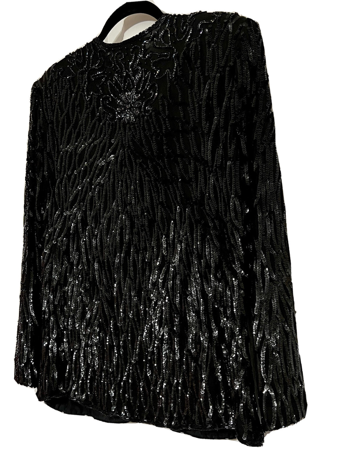 Vintage Carina Size L Jacket 100% Silk Black Sequin & Iridescent Seed Bead