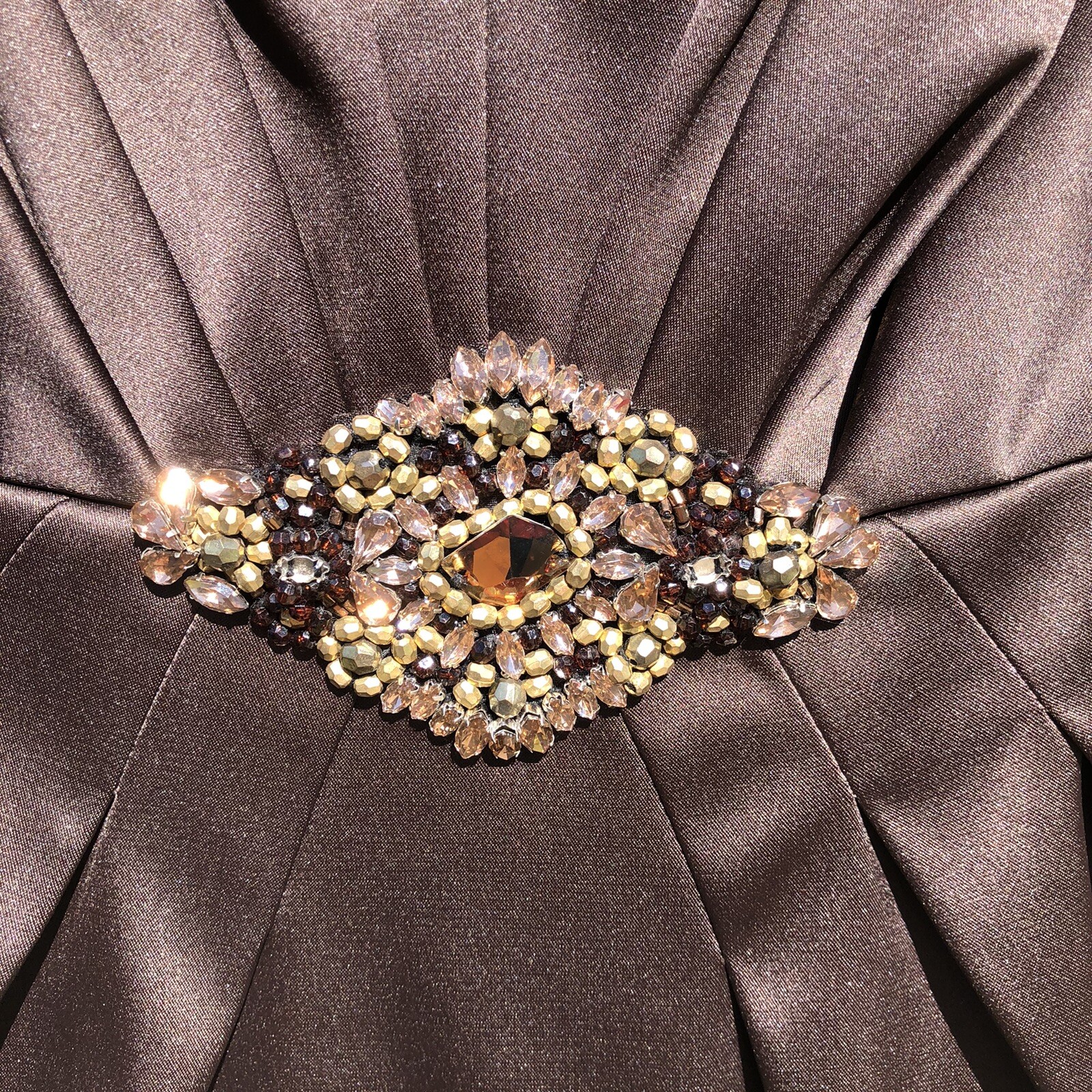 Vintage 90s ELIZA J Brown Satin Dress Size 8 Sweetheart Neckline Rhinestones