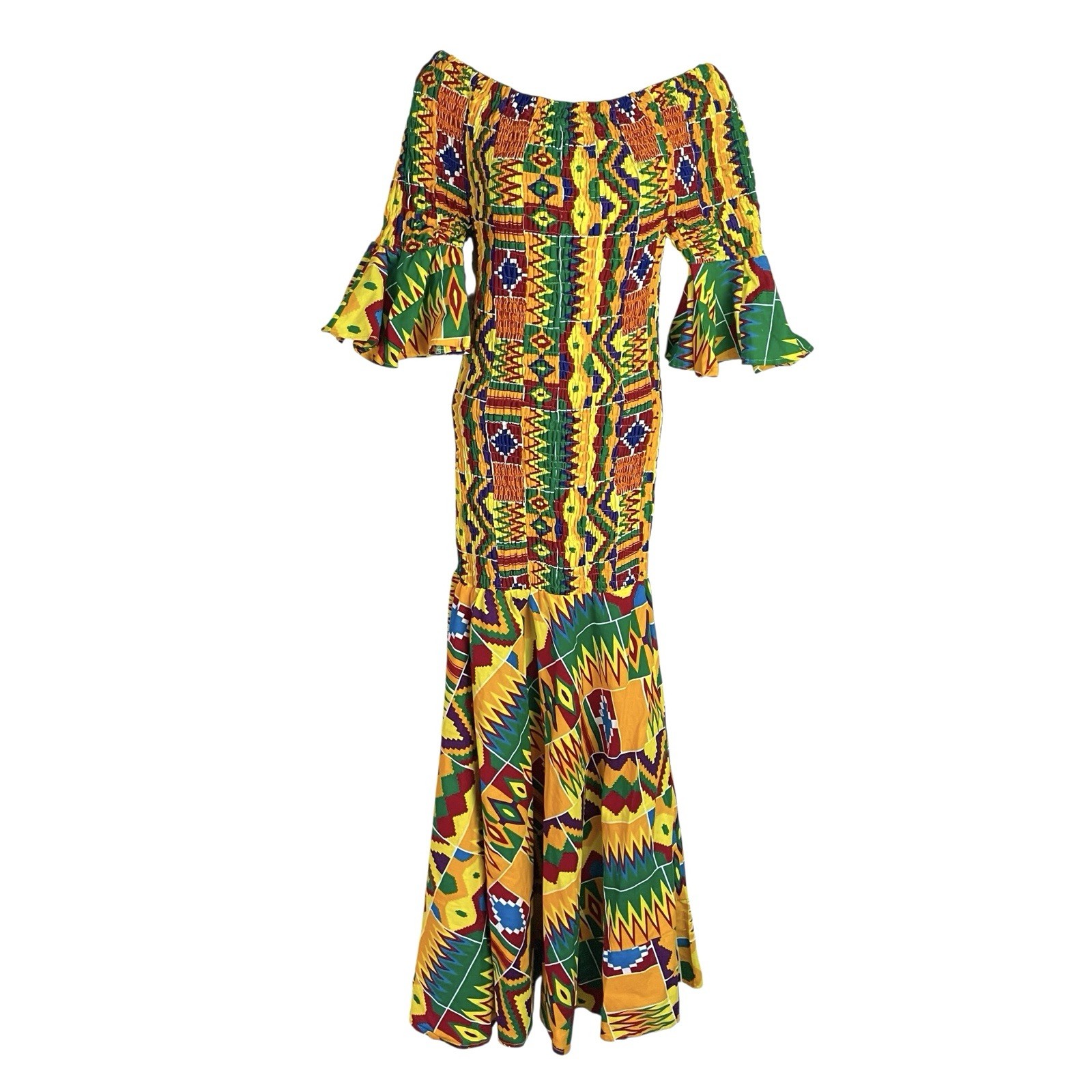 Vtg Smocked Kente African Maxi Dress Free Size World Dance Cultural Festival