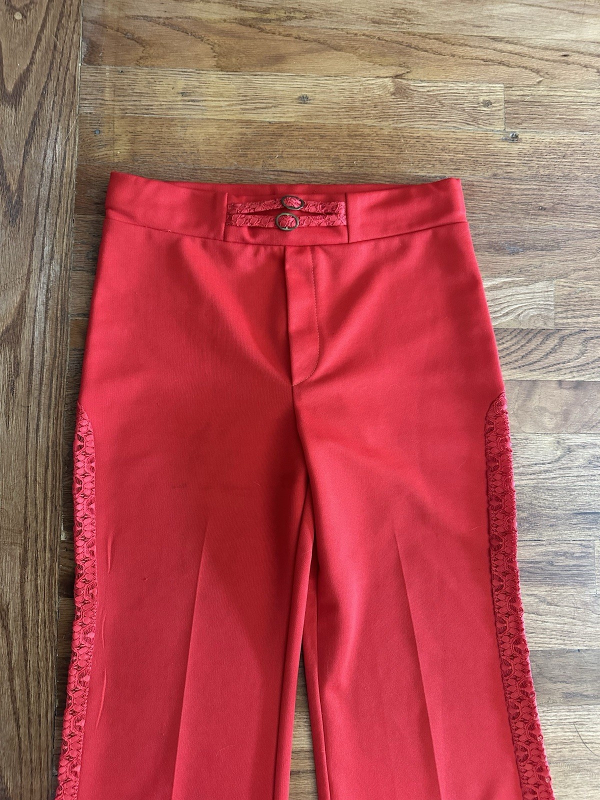 Vintage 70s Red Mod Disco Pants See-Through Lace Panels Woman’s M