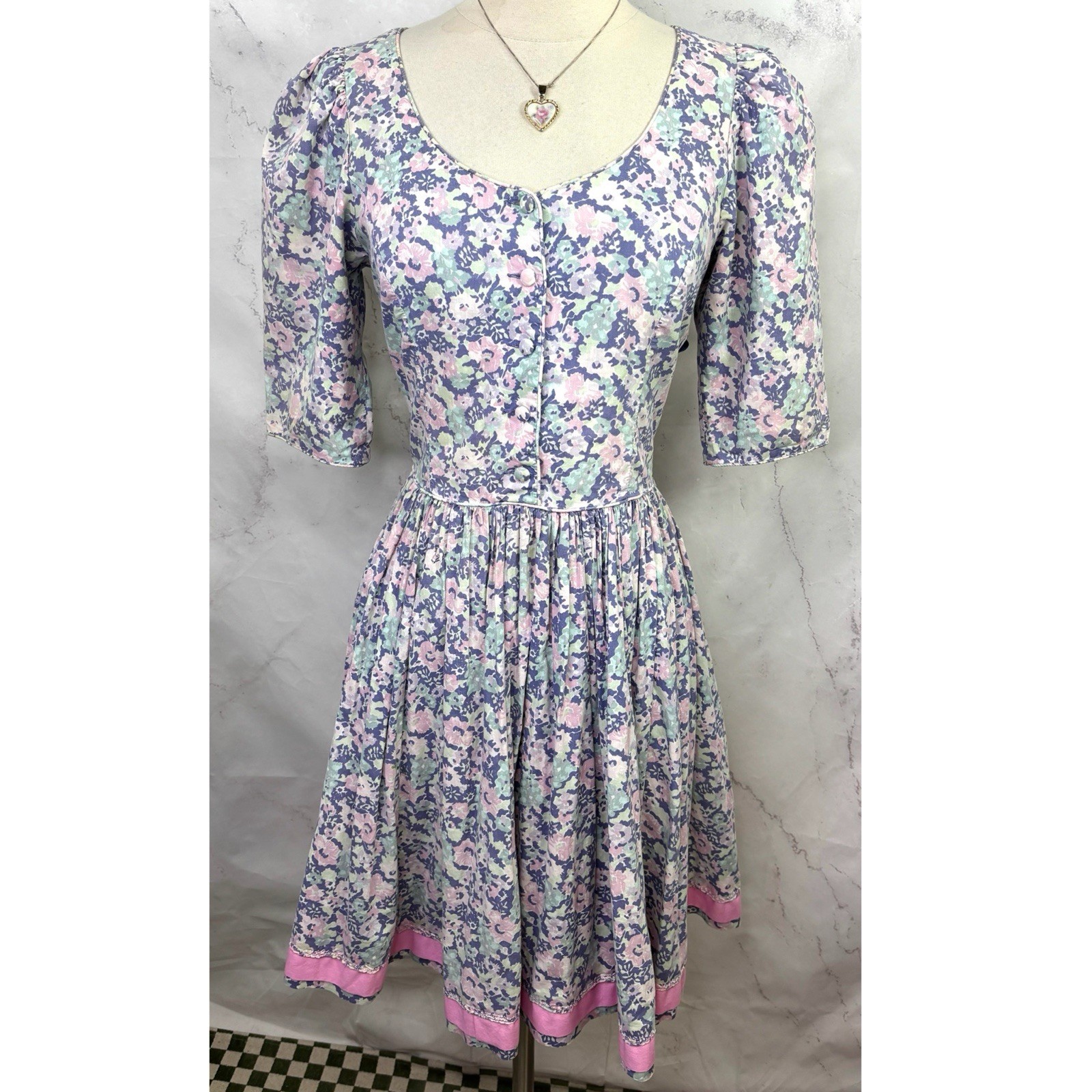 Vtg Handmade cotton Tea Dress Cottagecore 3/4 Sleeve Pastel Floral Circle Skirt