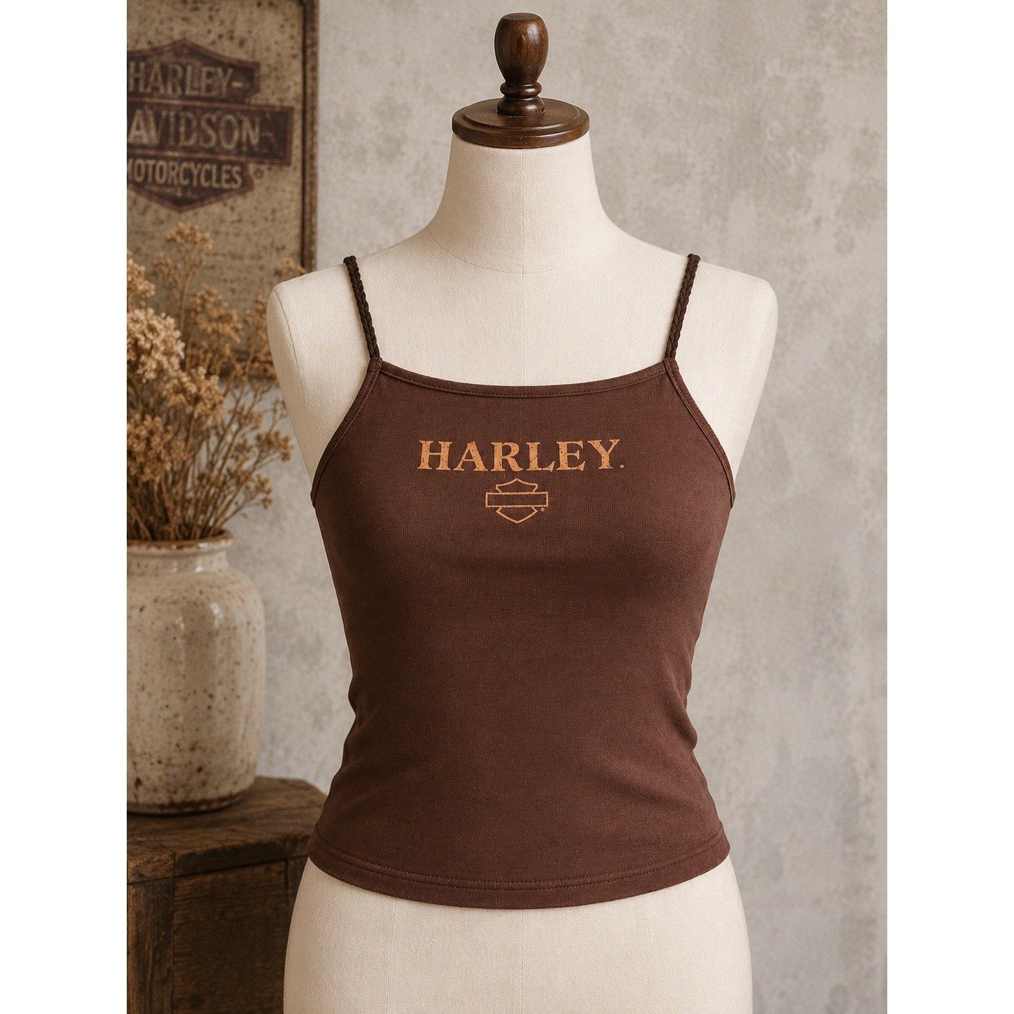 Vintage Harley Davidson Brown Sturgis Tank Top Braided Strap Camisole Womens L