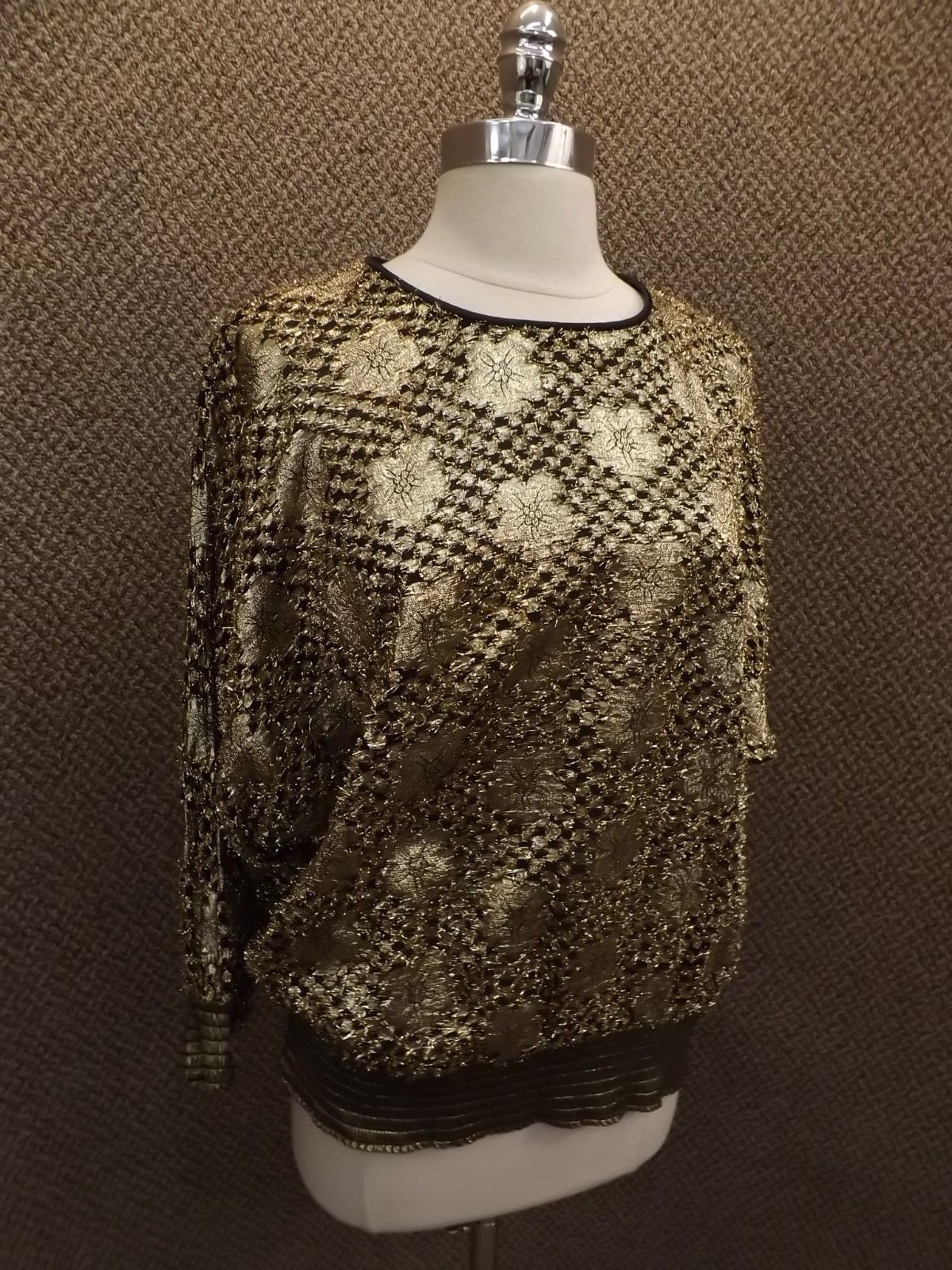 Fab Vtg Gold Metallic Textured Floral Fancy Tunic Pullover Top Shirt Womens Sz 8