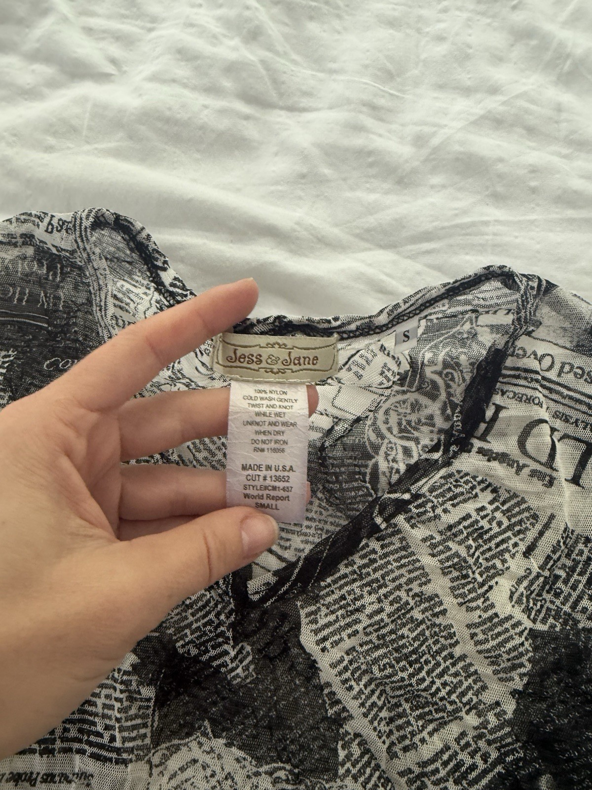 Jess & Jane Sheer Black and White Newspaper Print Long Sleeve Top Y2K