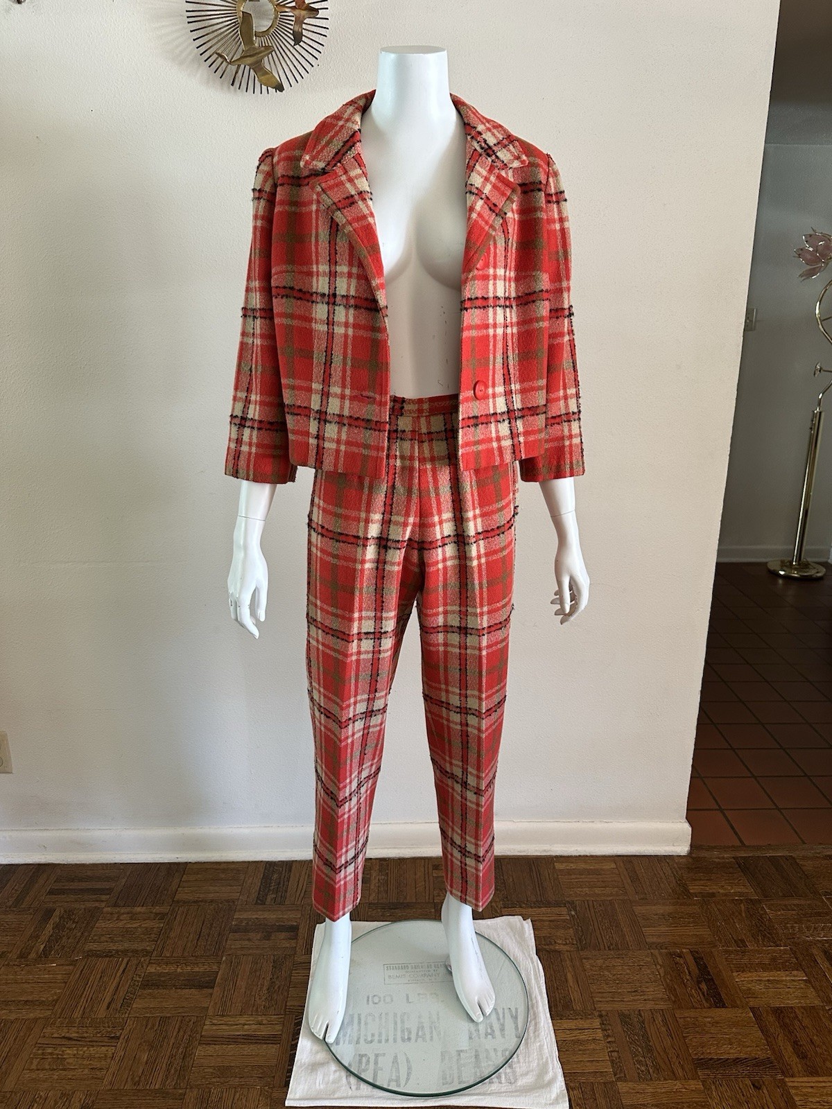 1960s Red Plaid Wool 3-Pc Set Jacket Skirt Pants Handmade Mod Suit Size Zip VTG