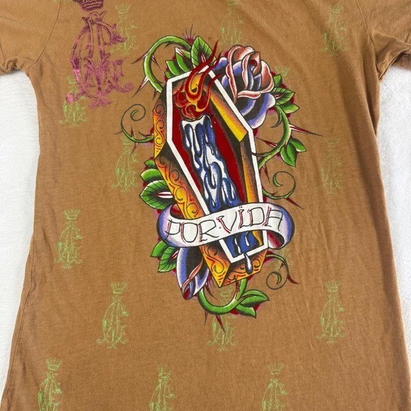 Rare Christian Audigier Ed Hardy tan casket graphic top y2k vintage grunge