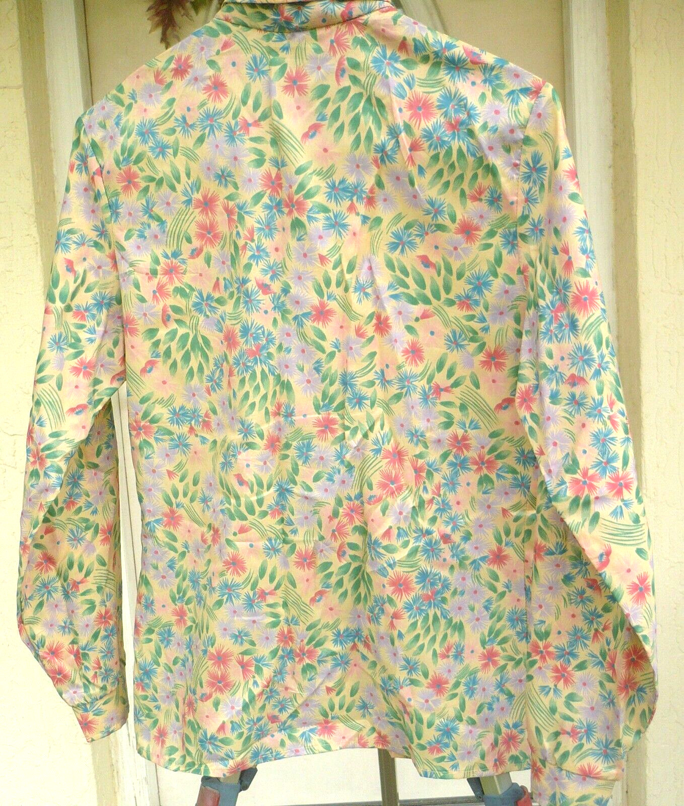 VTG CITY LIGHTS M BLUE PINK FLORAL SILKY BUTTON UP SHIRT BLOUSE COTTAGECORE 80S