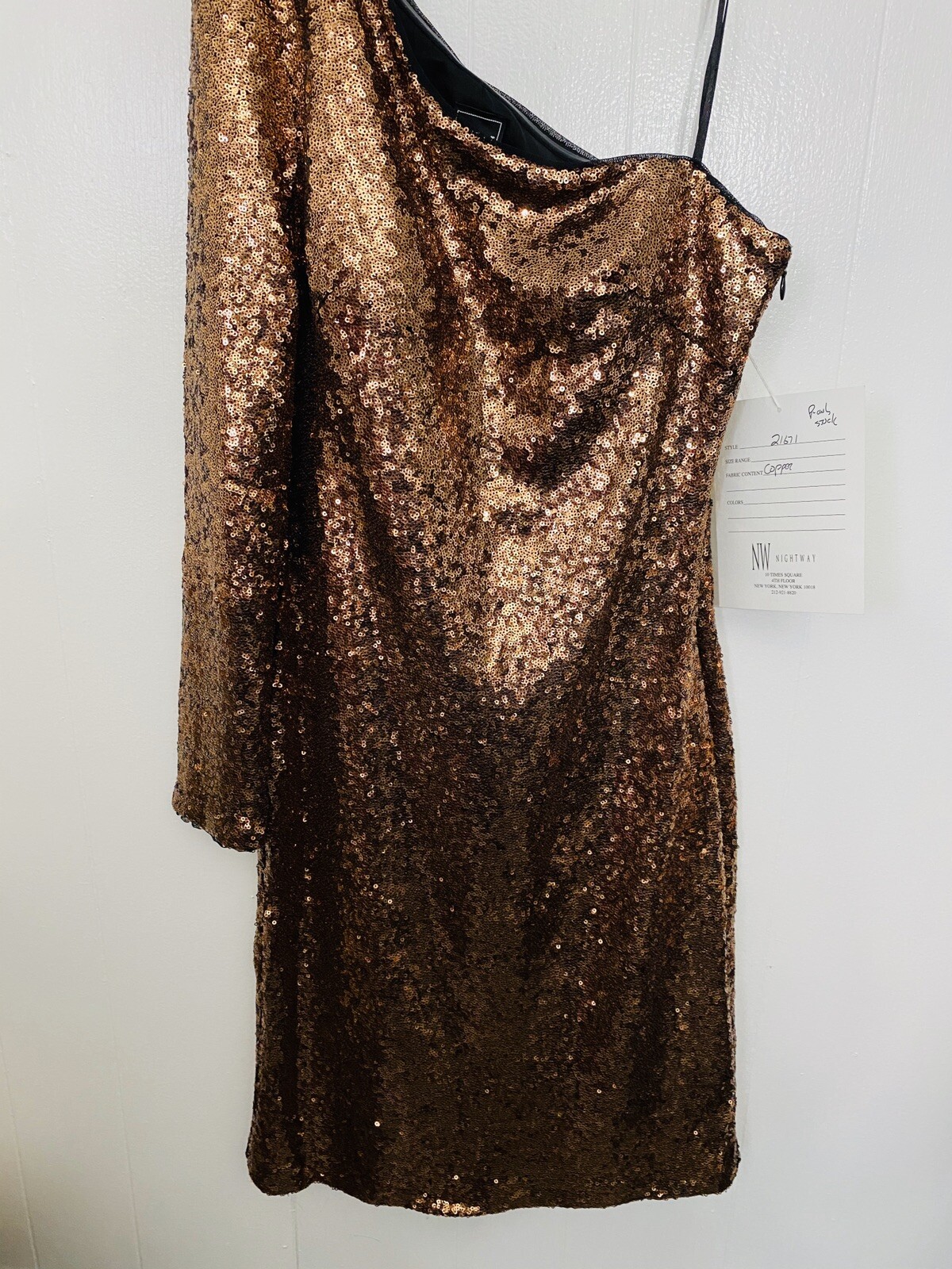 NW Nightway Copper Sequin One Shoulder Cocktail Party Dress Petite 8P NWT