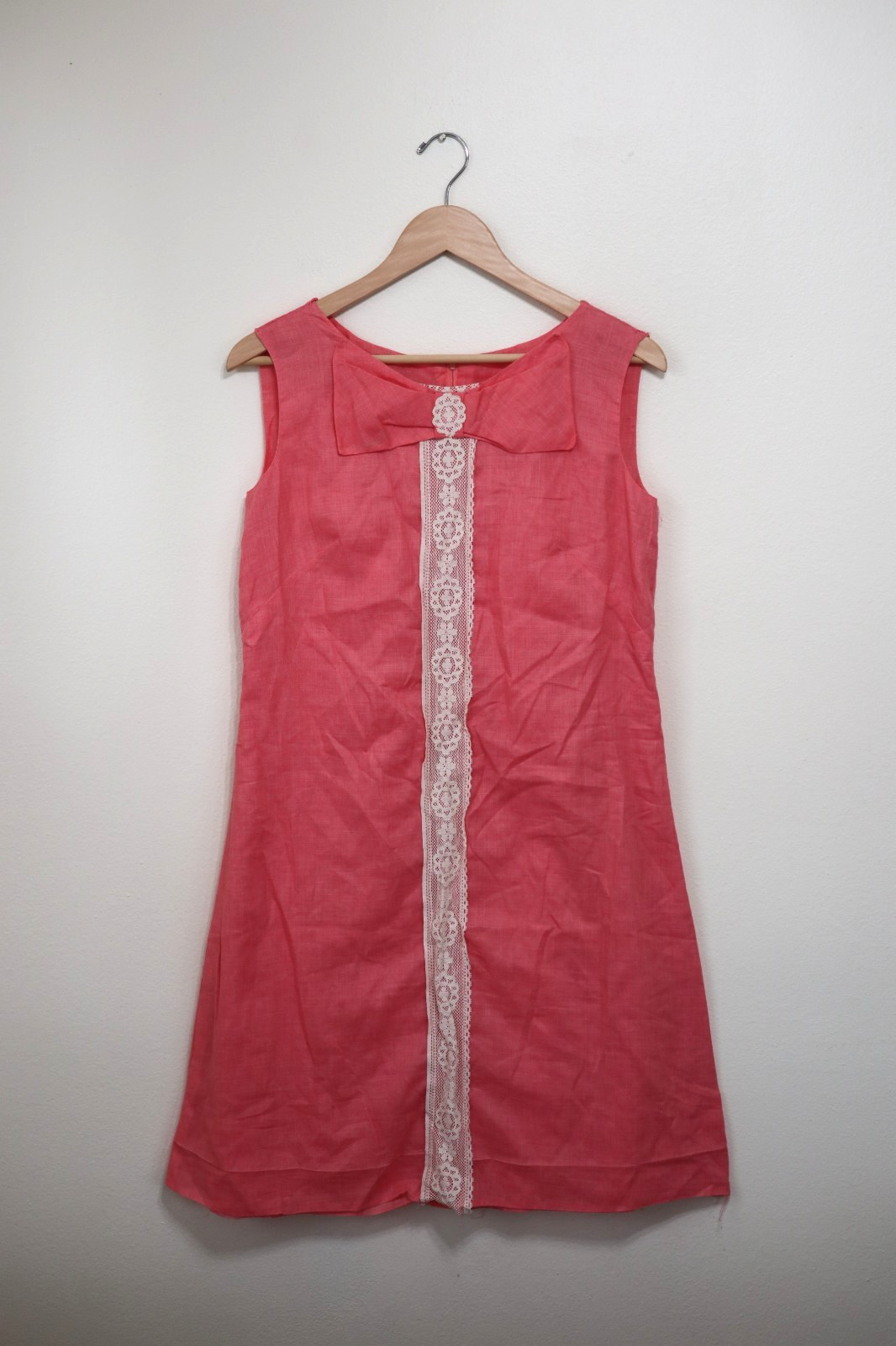 60s Vintage Pink Cotton Gauze White Lace Sleeveless A-line House Dress Women M L