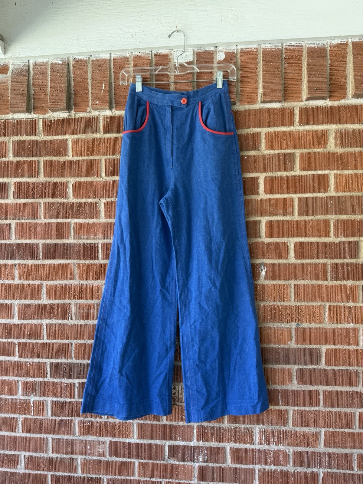 70s handmade super high rise denim flared with red trim